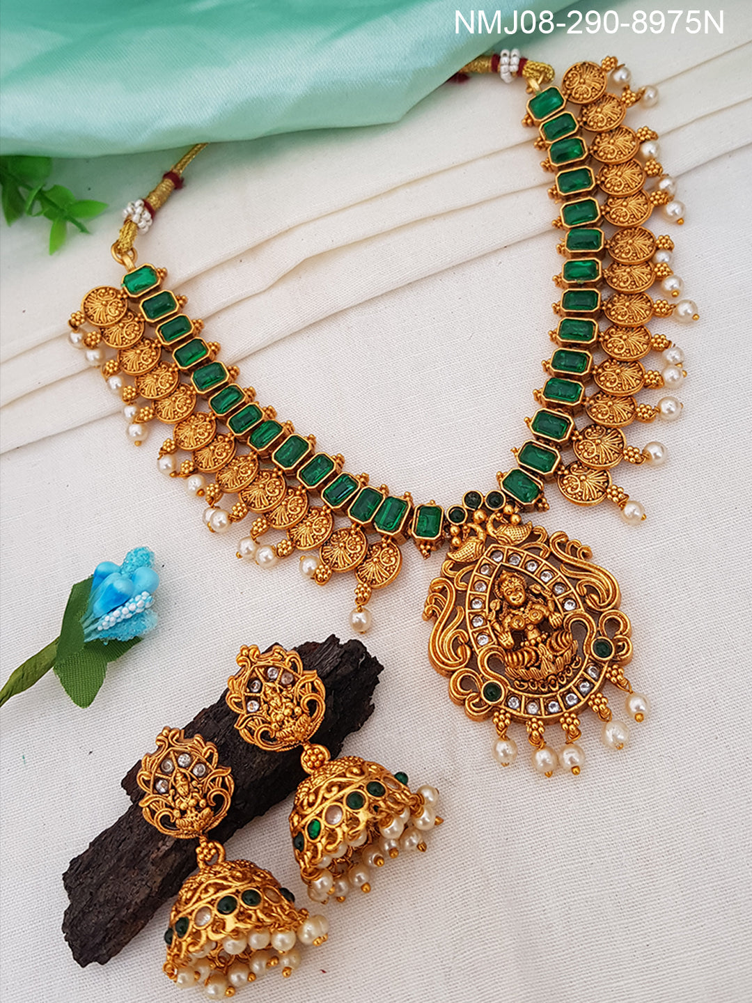Gold finish Kasu Laxmi Short necklace set with colored kempu stones 8976N