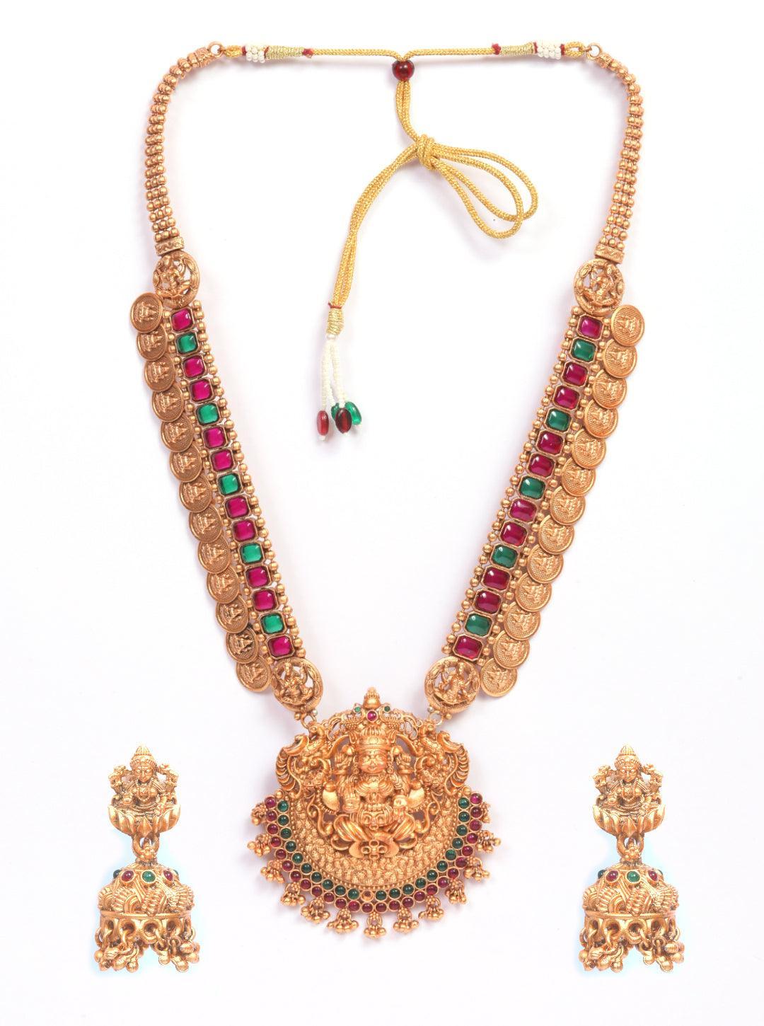 Gold finish Long Laxmi necklace set with colored kempu stones 9000N - Griiham