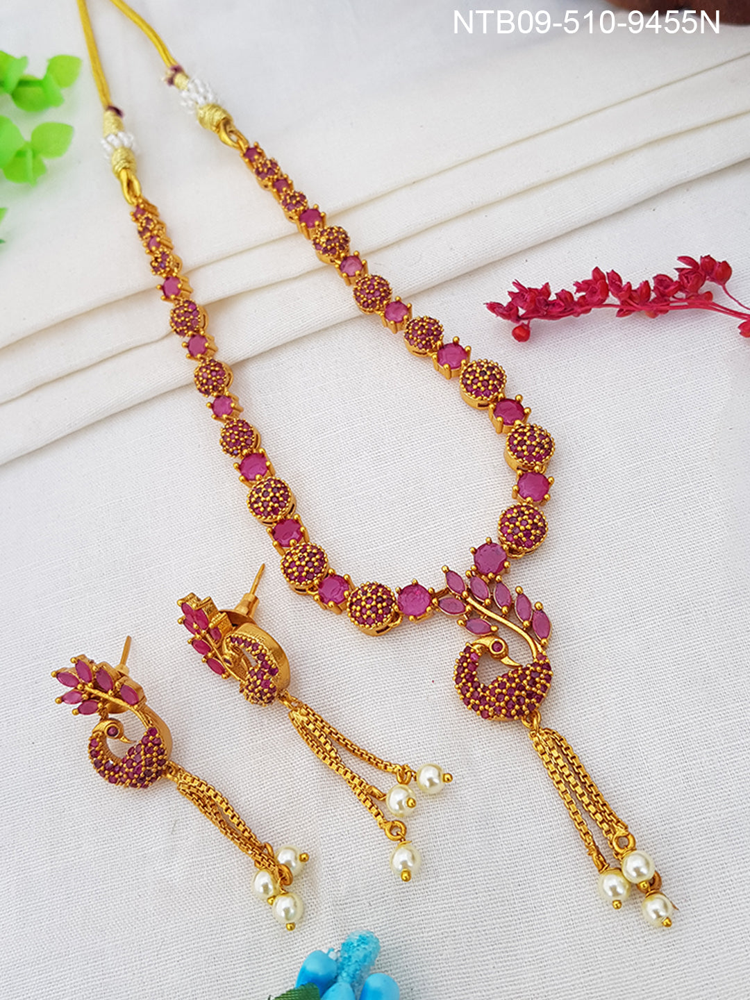 Gold finish  Peacock pattern cz /Ruby stone necklace set 9455N