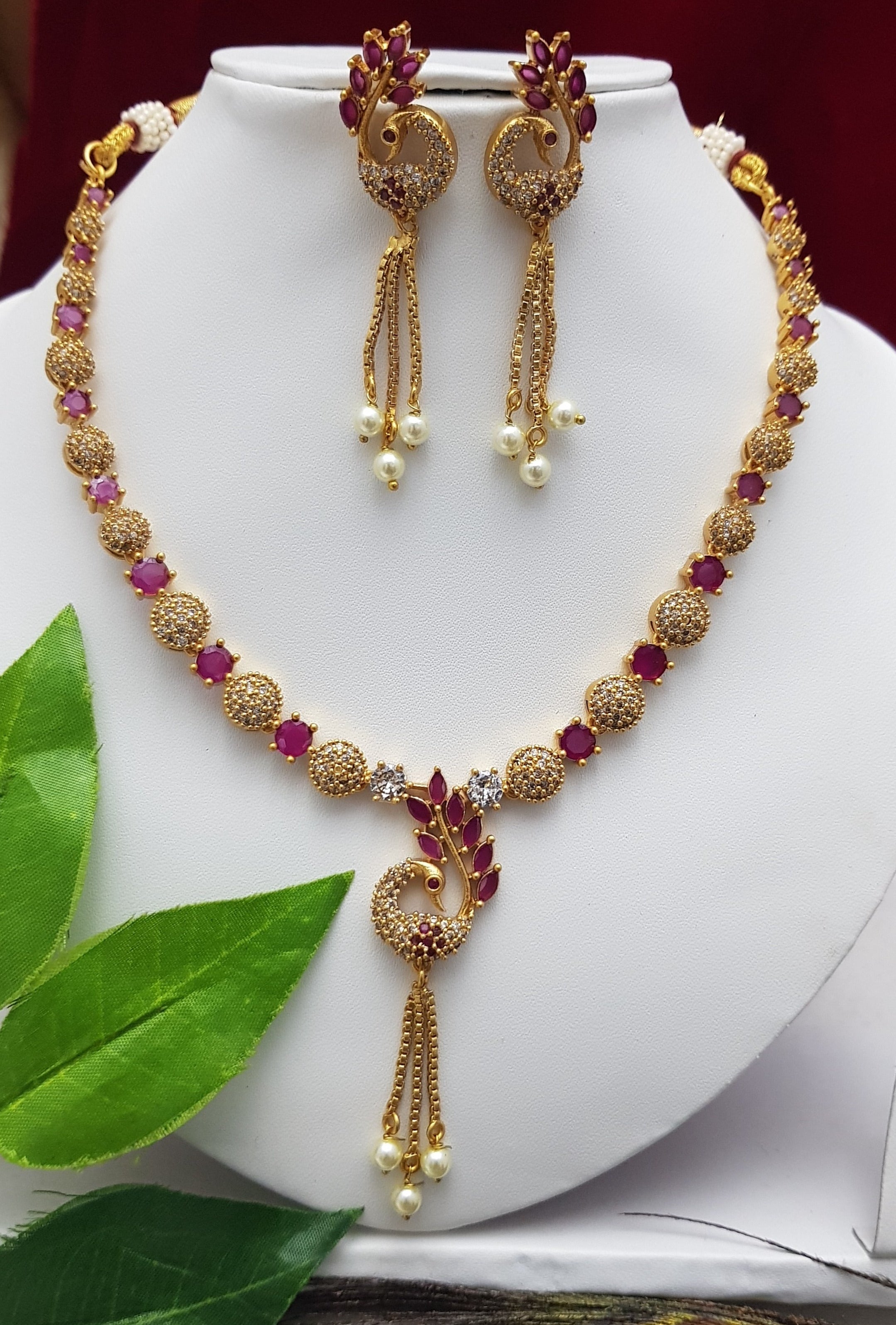 Gold finish  Peacock pattern cz /Ruby stone necklace set 9455N