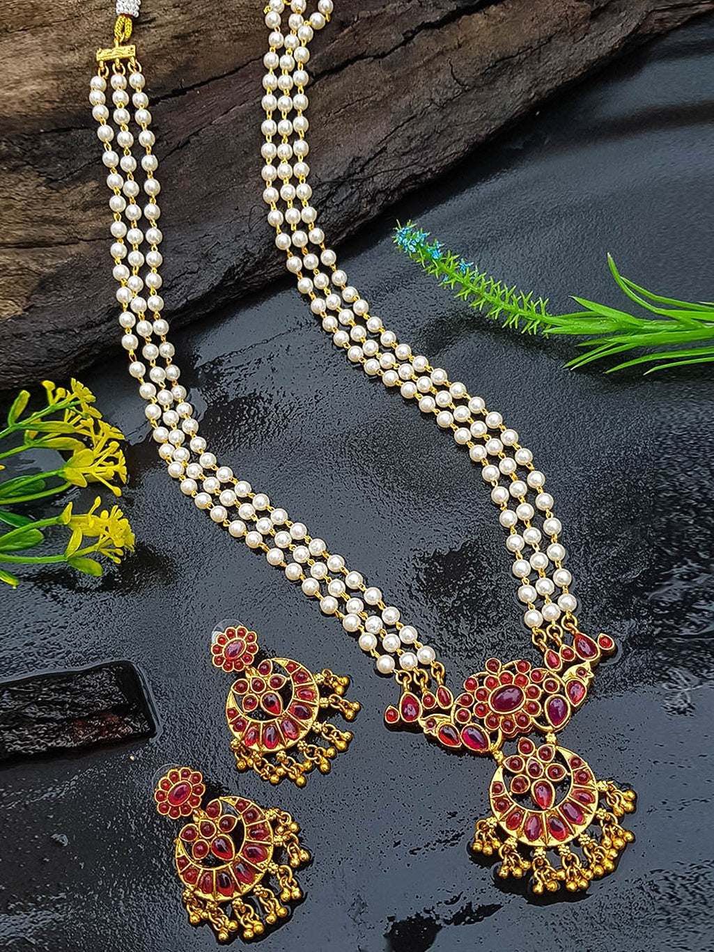 Gold plated Long Pearl Necklace set 13526N