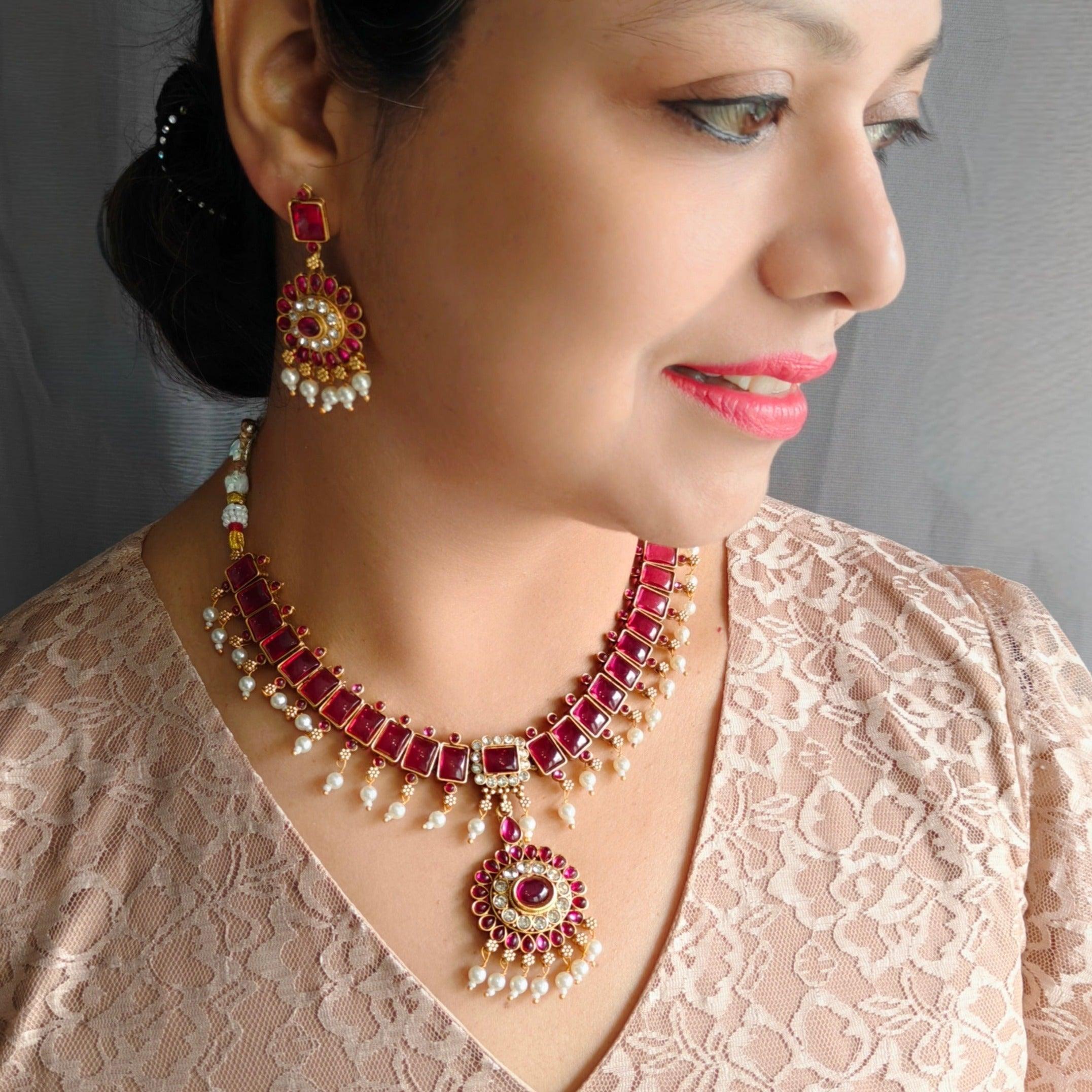 Gold plated Ruby Red colored stone Necklace Set – Griiham