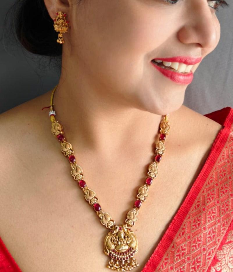 Gold plated Ruby Red colored stone Necklace Set - Griiham