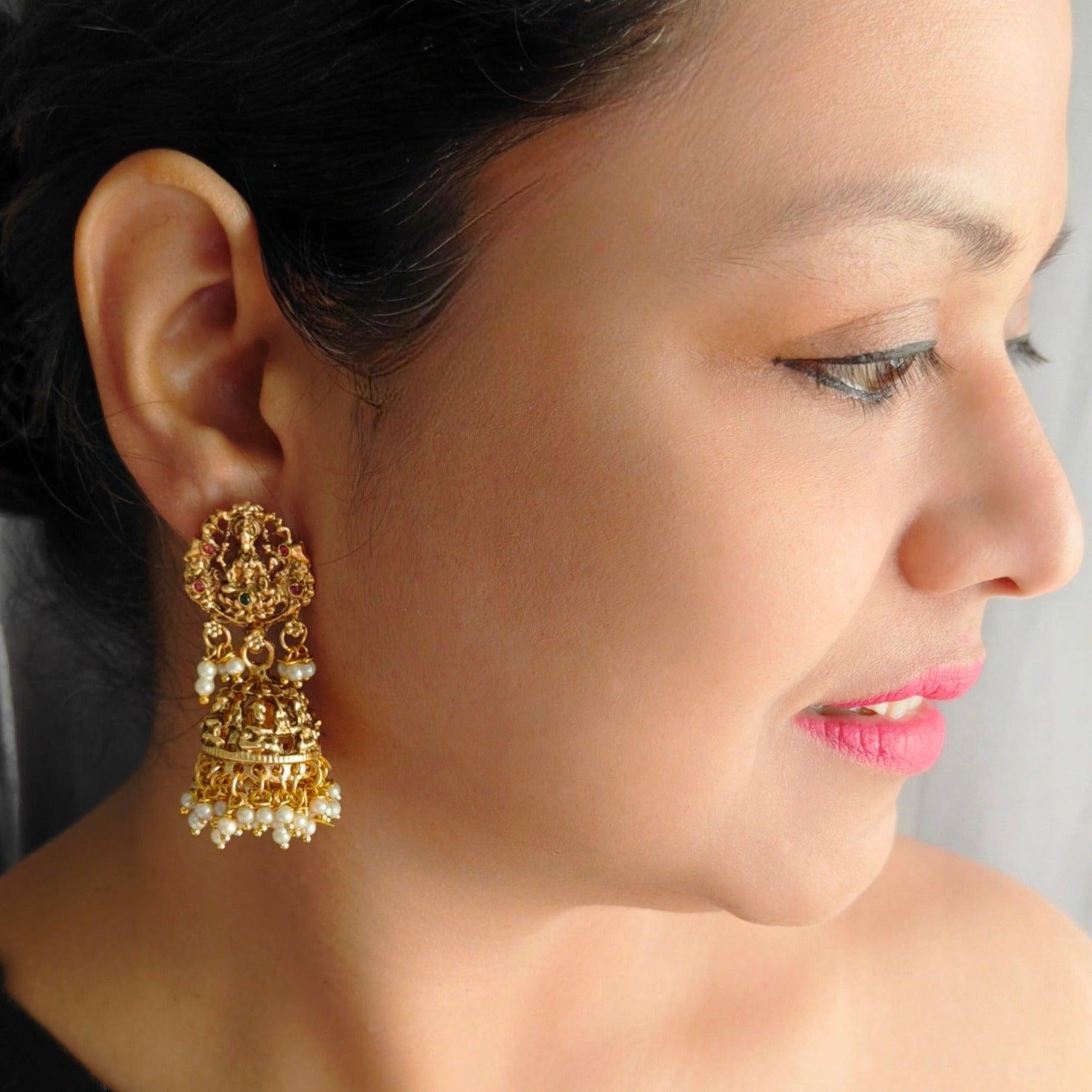 Gold plated Temple design Jhumka Earrings - Griiham
