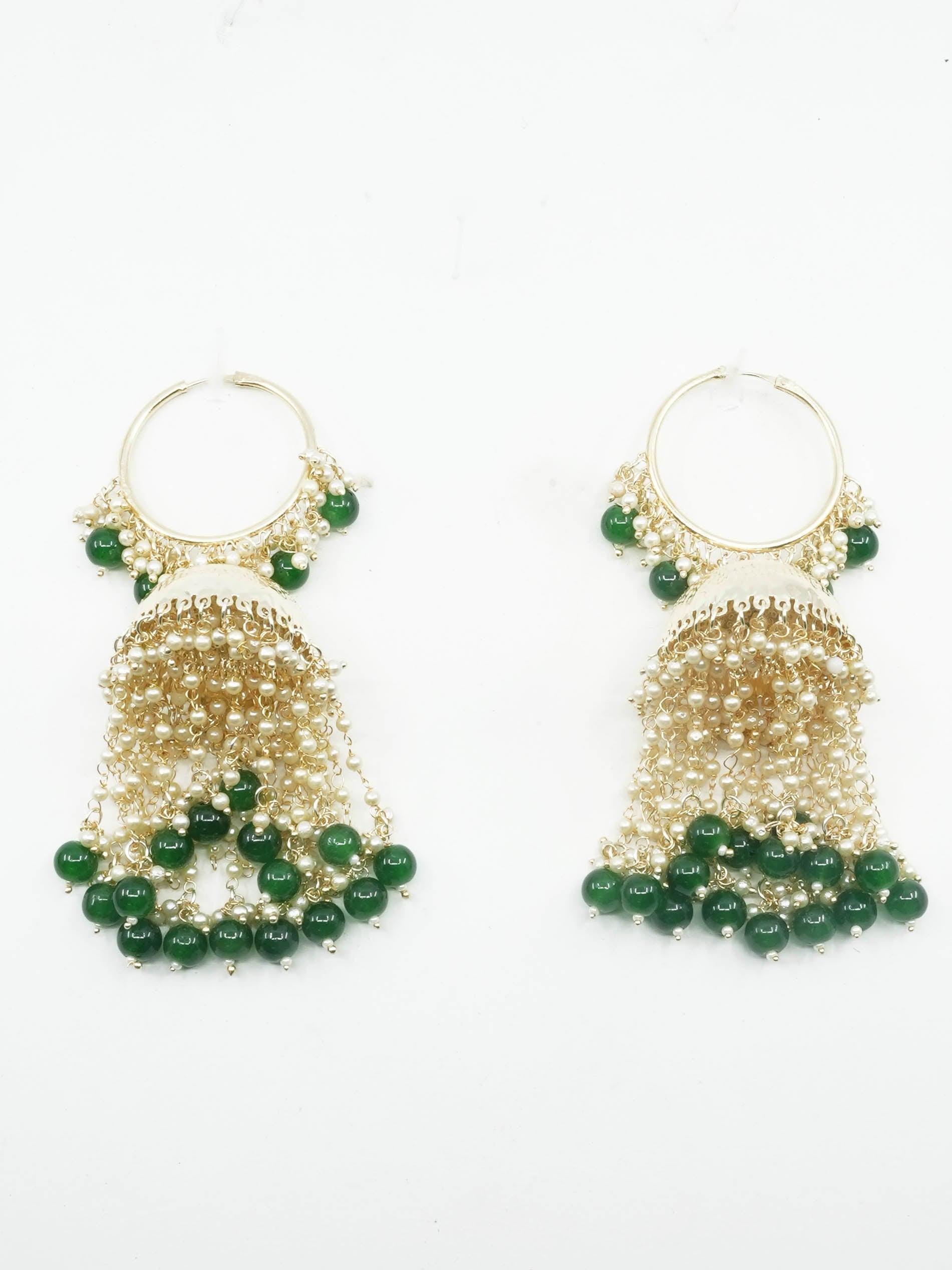 Gold plated pearl and green stone studded hangings Earring Jhumka