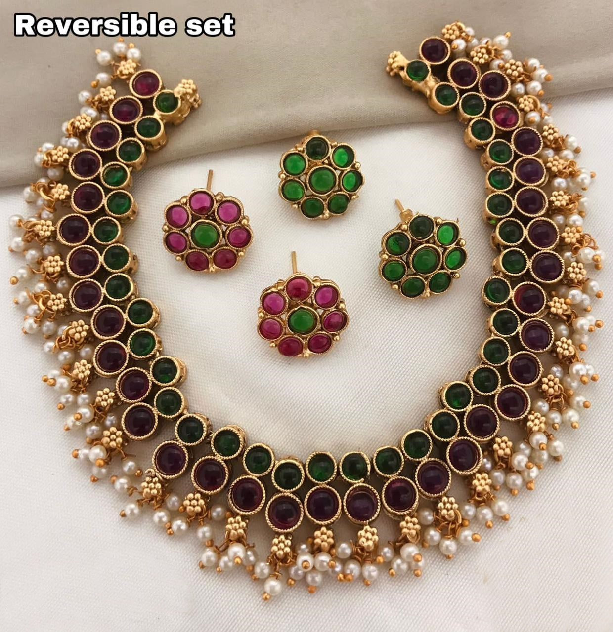 Gold plated reversible short Necklace set 13562N-1