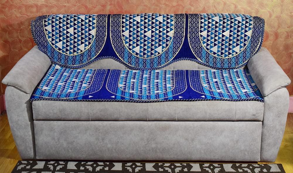 Griiham Geometric Coffee Blue Sofa Cover for 5 Seater Sofa - (3+1+1) 90% Cotton 10% Polyster AT18