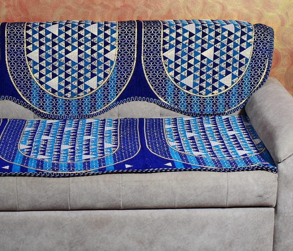 Griiham Geometric Coffee Blue Sofa Cover for 5 Seater Sofa - (3+1+1) 90% Cotton 10% Polyster AT18