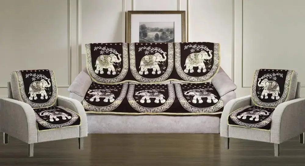 Griiham's 5 Seater Coffee Brown Sofa Cover with Gold Work(3+1+1) 90% Cotton 10% Polyster 29161R
