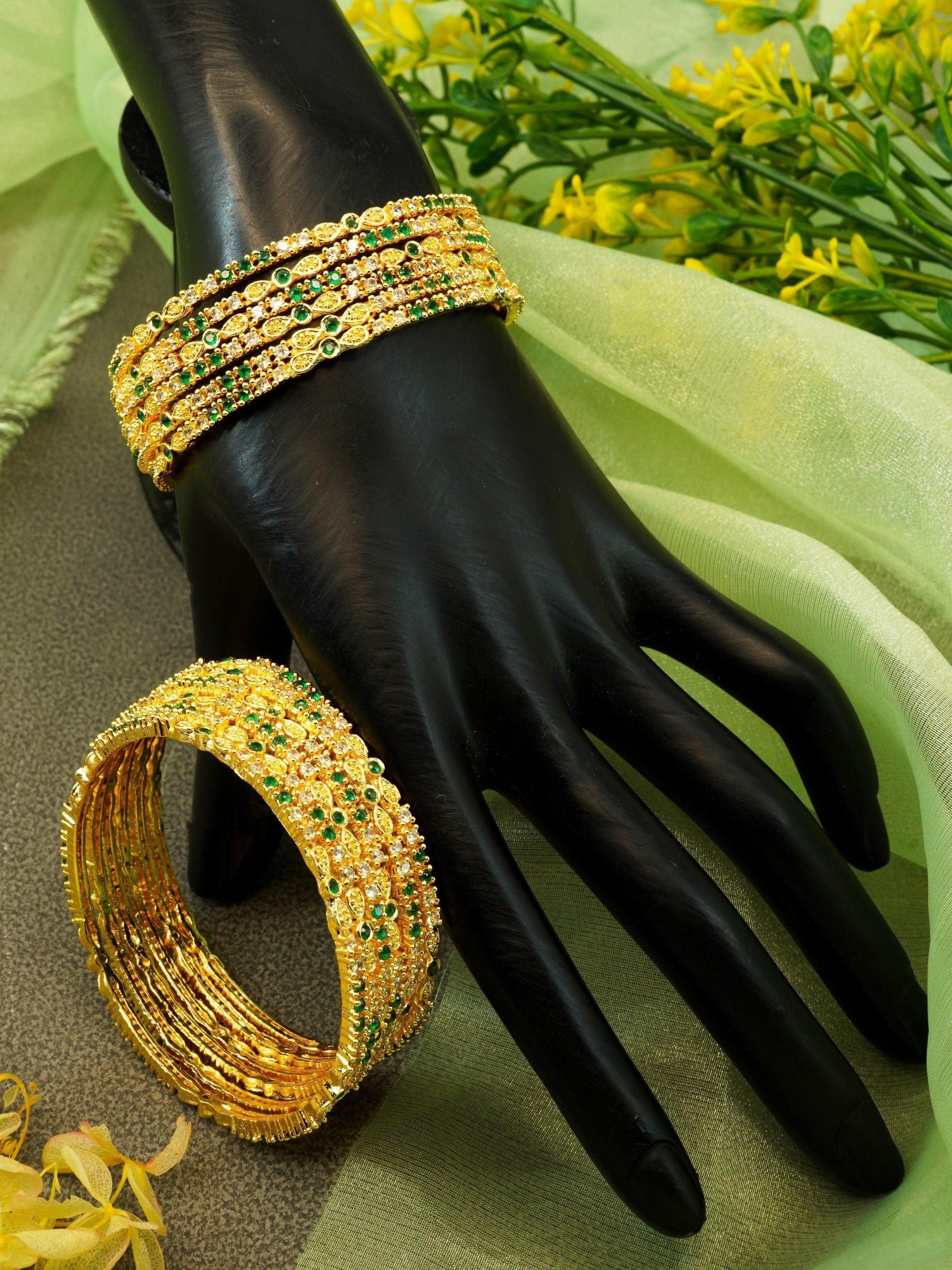 Guaranteed Gold Plated Bangles Set of 12 bangles with green white cz stones 10317A
