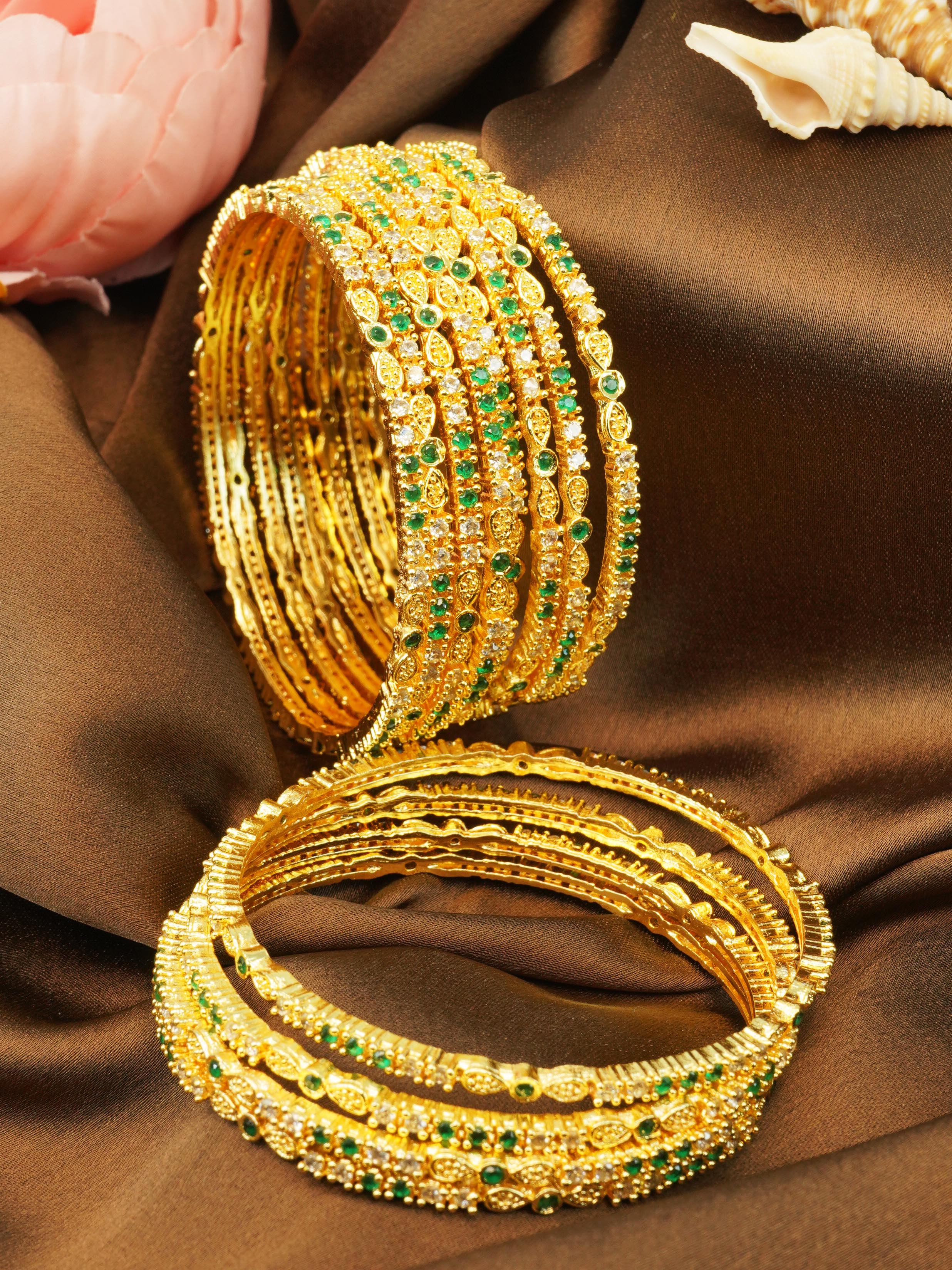 Guaranteed Gold Plated Bangles Set of 12 bangles with green white cz stones 10317A