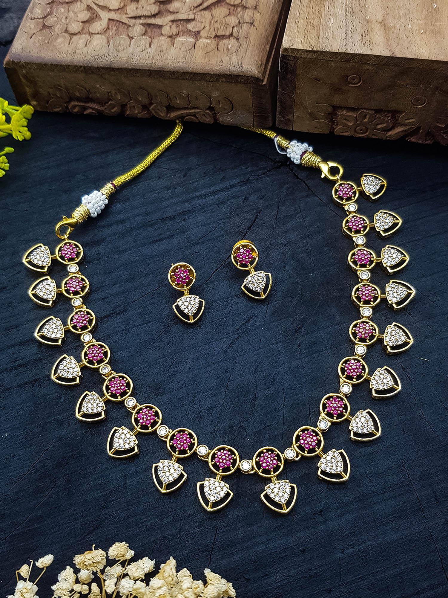 Guaranteed Gold finish Evergreen Trending designs Short AD necklace set 11663N-1 - Griiham