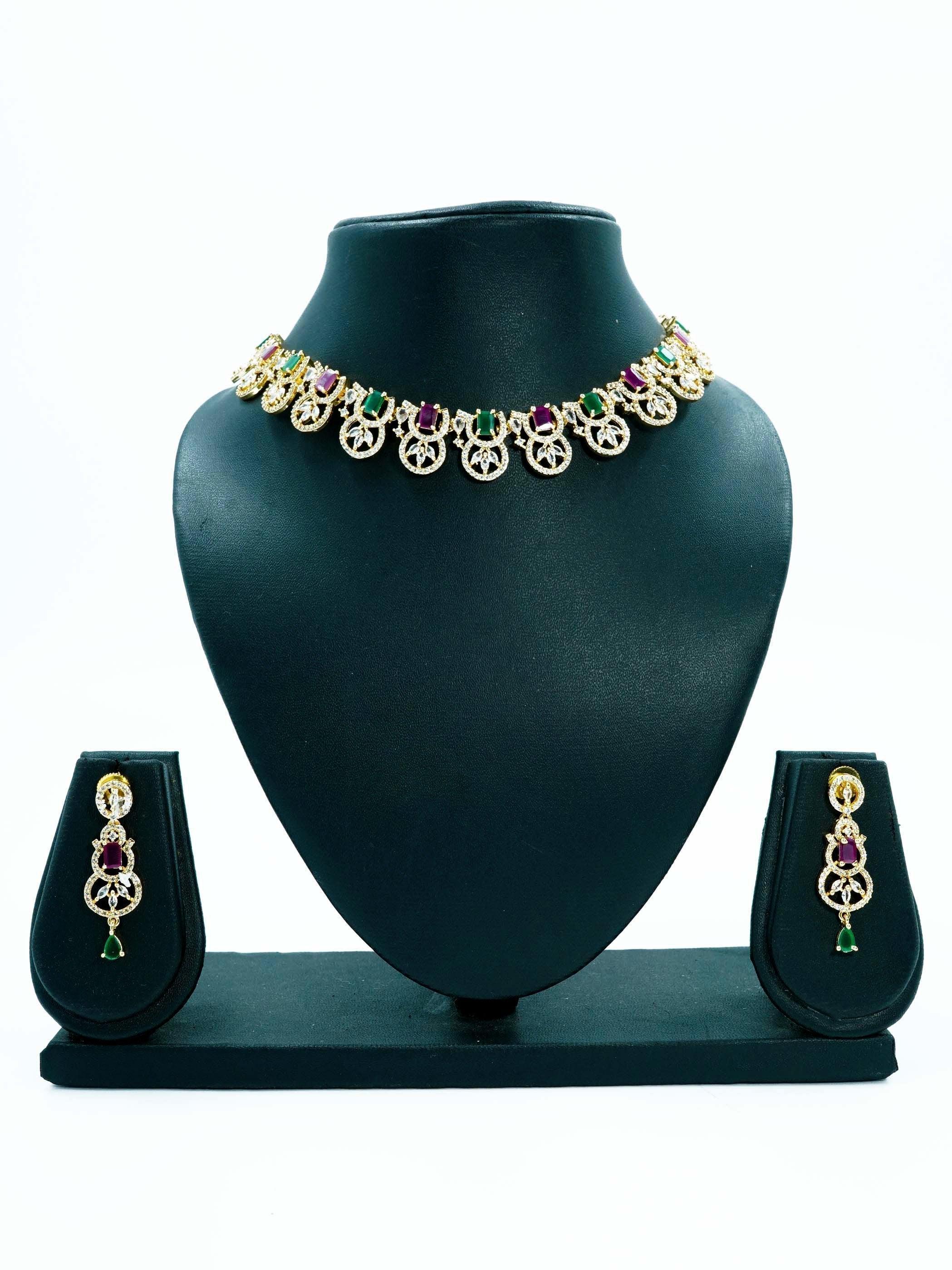 Guaranteed Gold finish Evergreen Trending designs Short AD necklace set 9083N-1 - Griiham