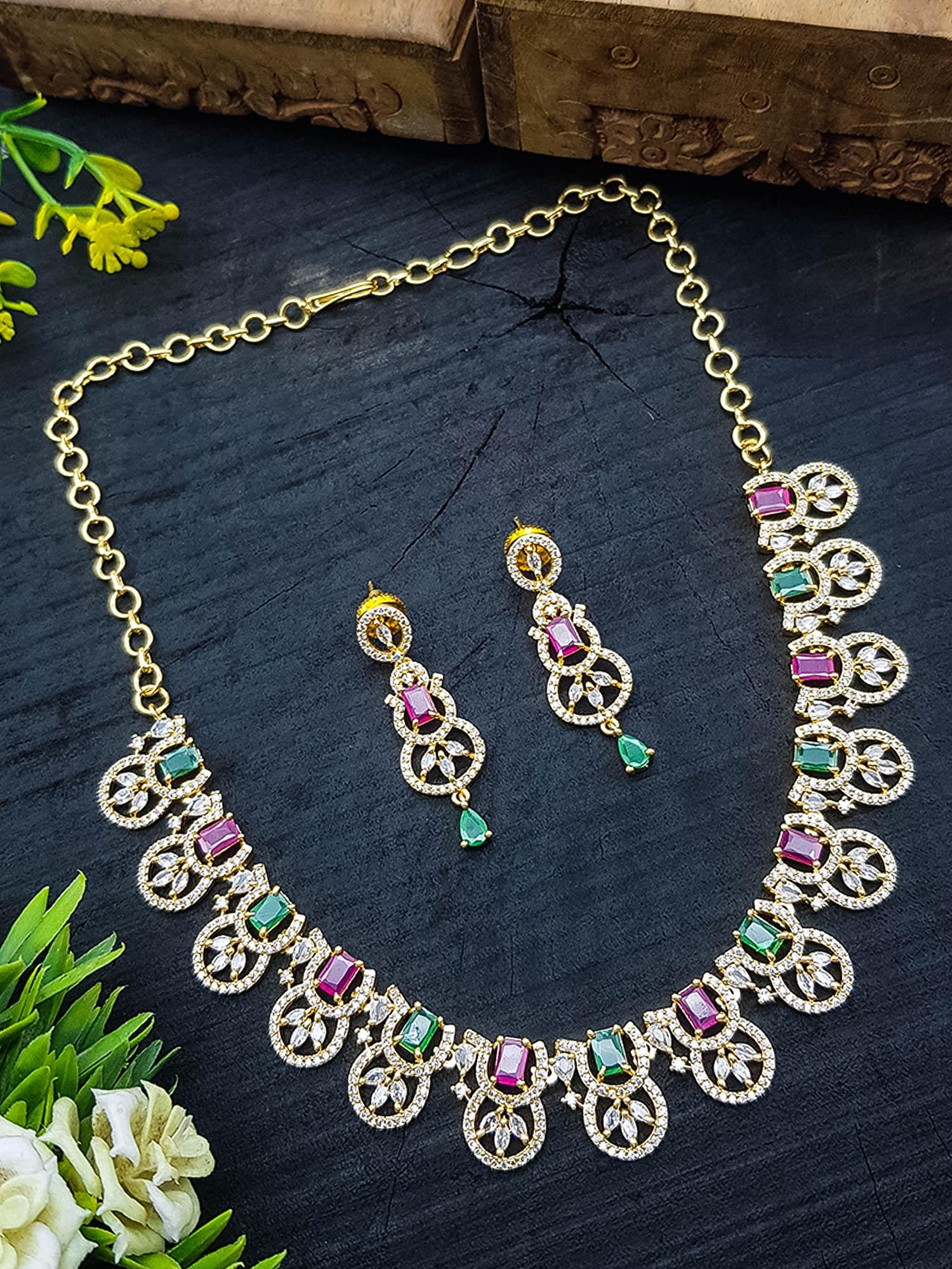 Guaranteed Gold finish Evergreen Trending designs Short AD necklace set 9083N-1 - Griiham