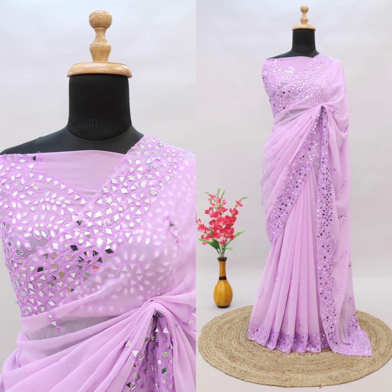 Heavy Soft Georgette With Embroidery Mirror Work On Saree 16836N