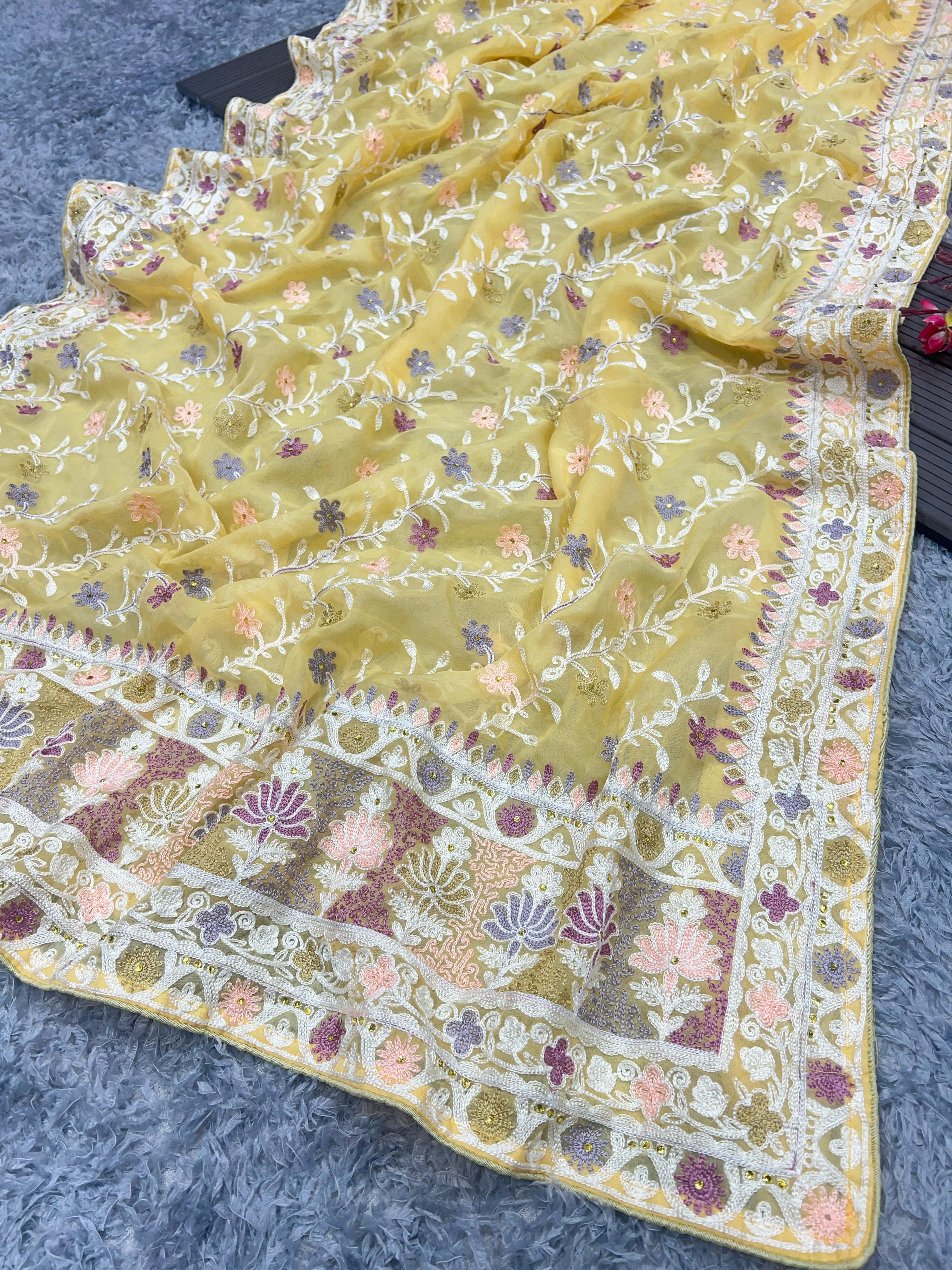 Heavy Soft Organza thread embroidery with diamond work saree 22607N