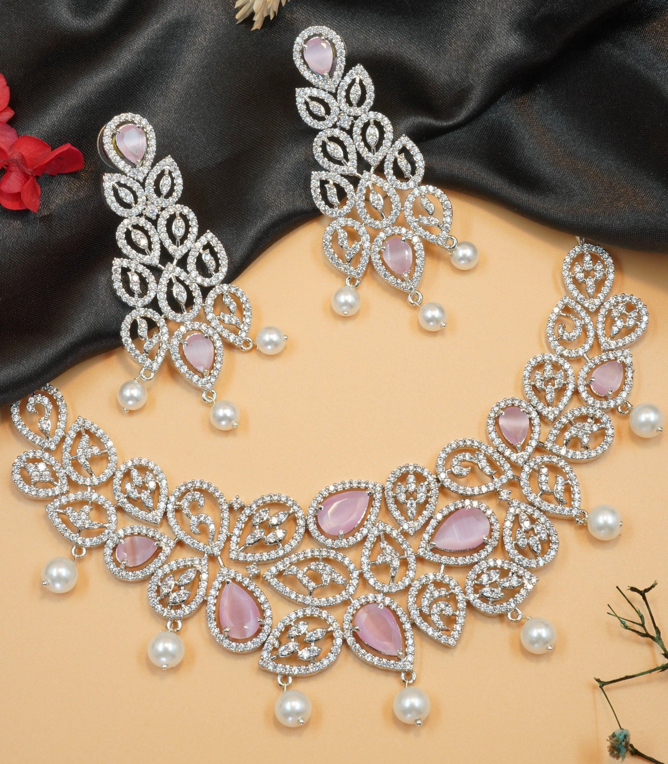 High Premium Gold plated designer Necklace with Pink stone 11604N
