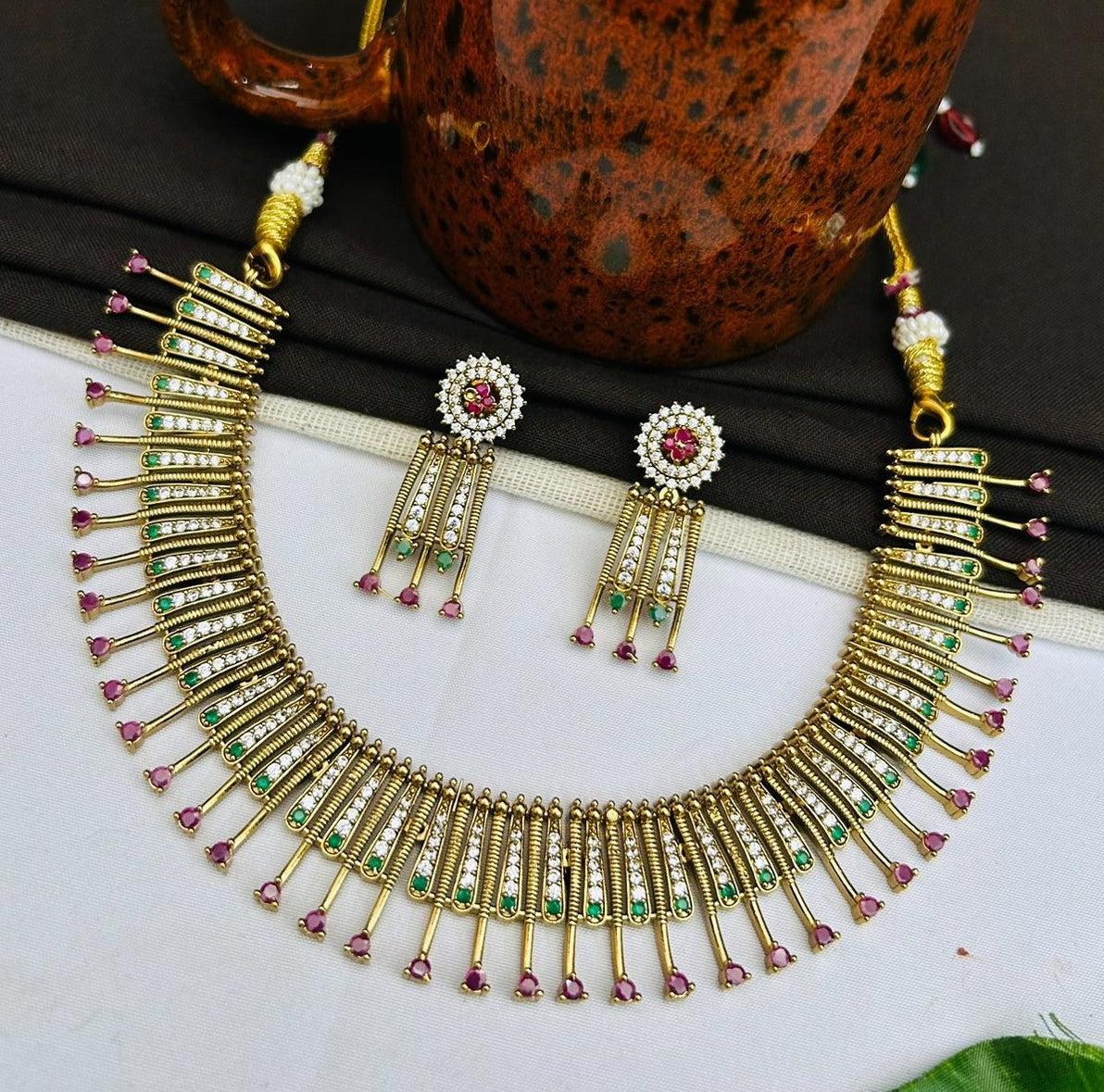 High Premium Gold plated designer Necklace with cz stone Kerala pattern 23425N