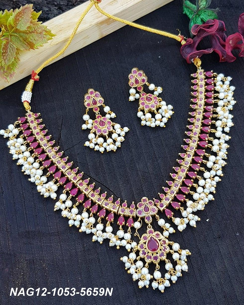 High quality CZ ruby stone with Pearls short Necklace set 5659N