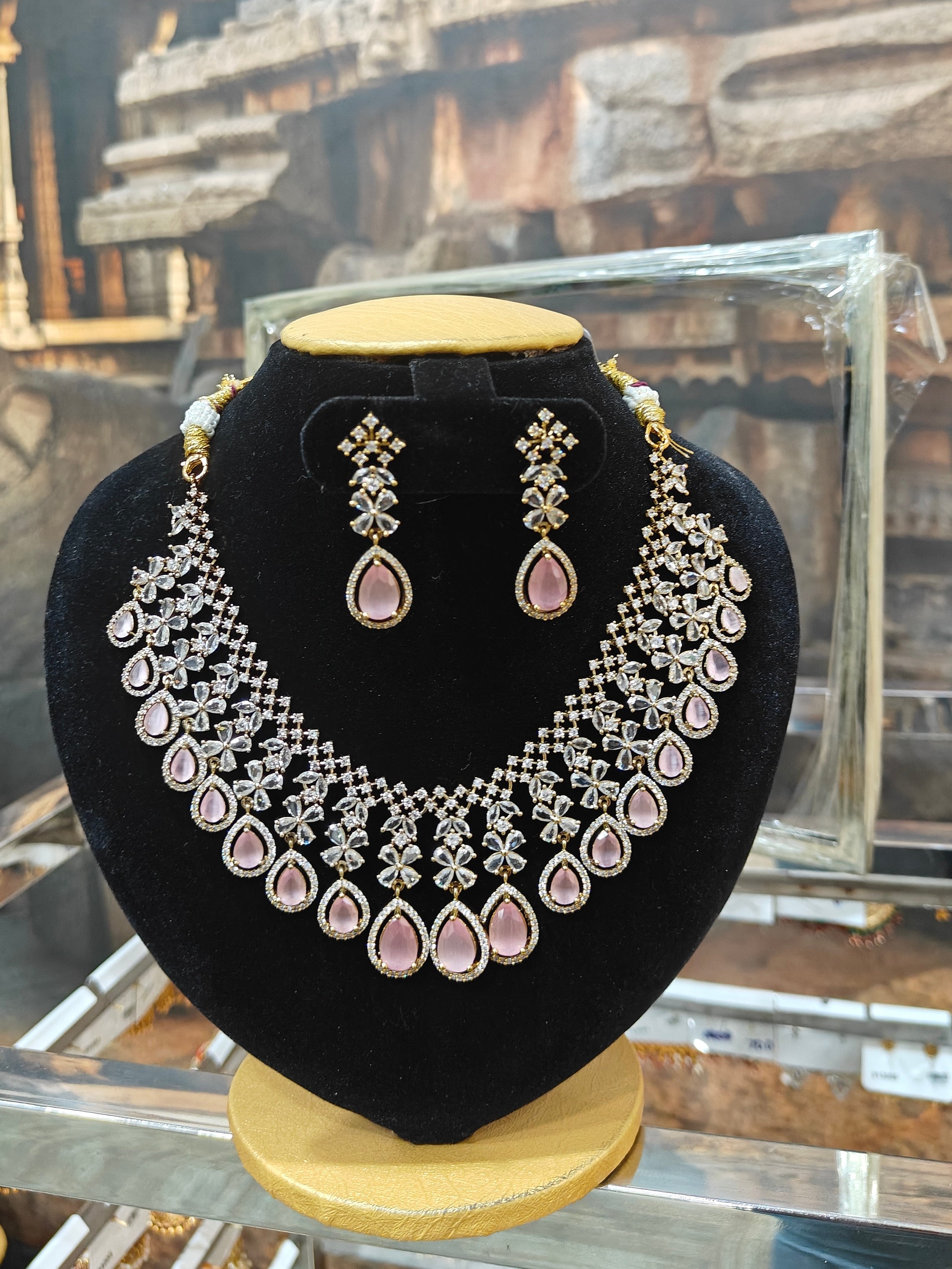 Premium Gold Plated Drops Motif CZ Necklace Set  0825