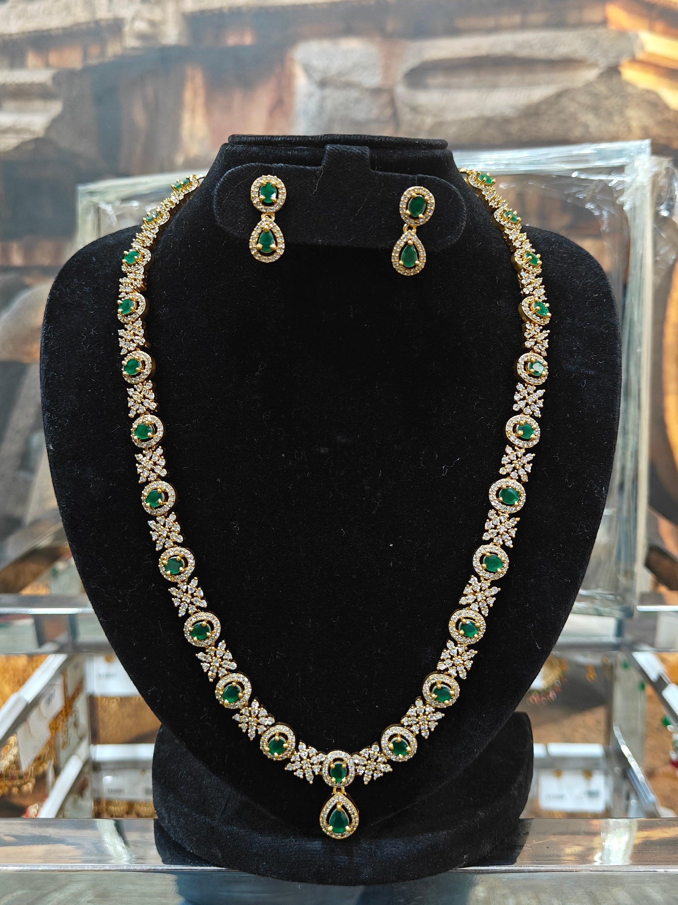 Premium Gold Plated 21 inches Green White Long CZ Nekclace Set  0825