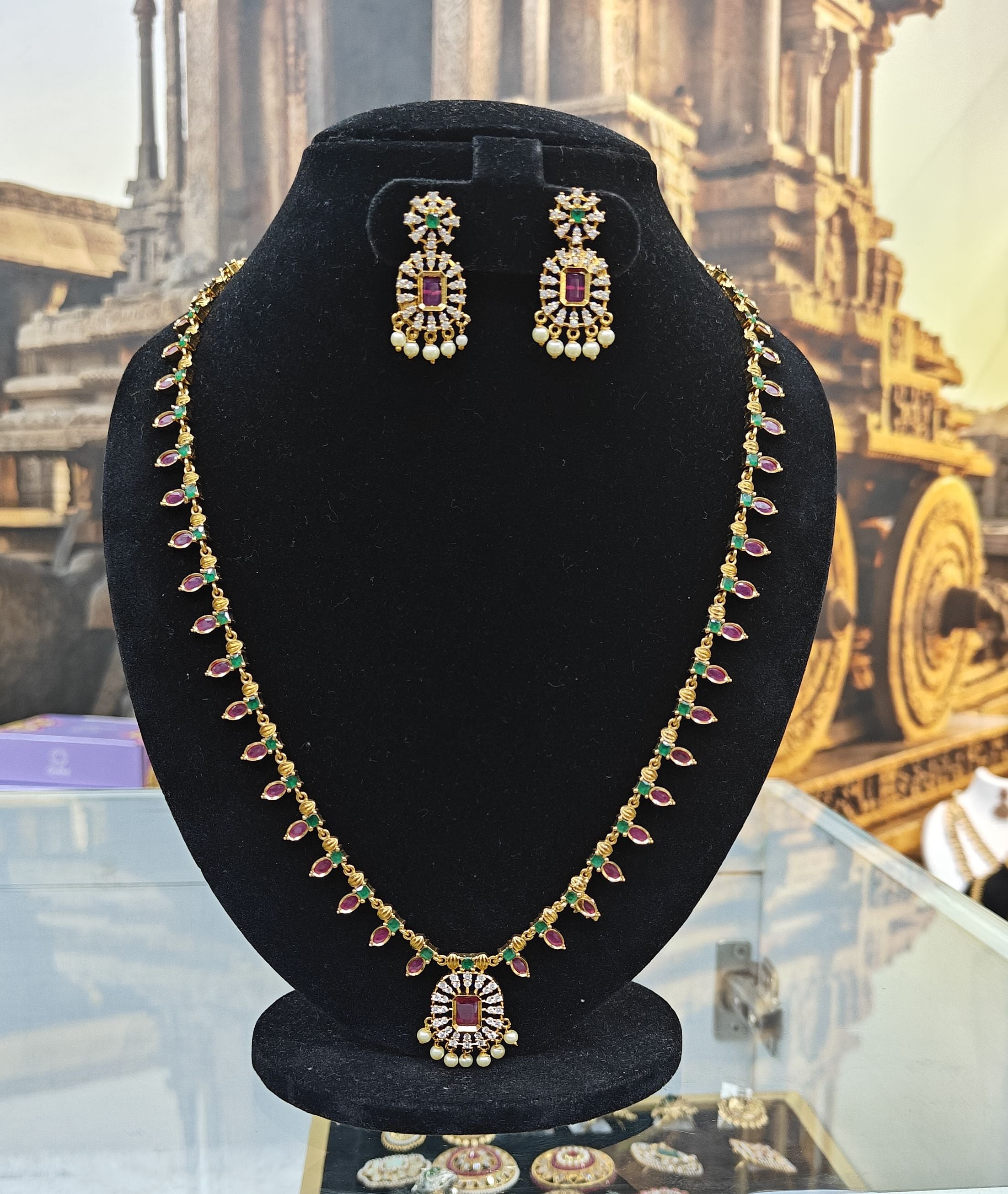 Premium Gold Plated Long CZ Temple Necklace Set