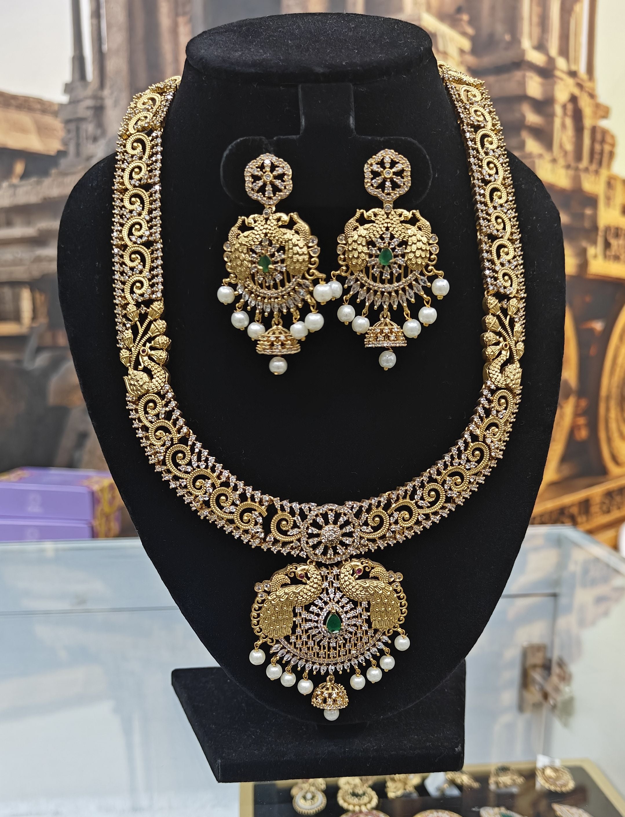 Premium Gold Plated Long CZ Temple Necklace Set