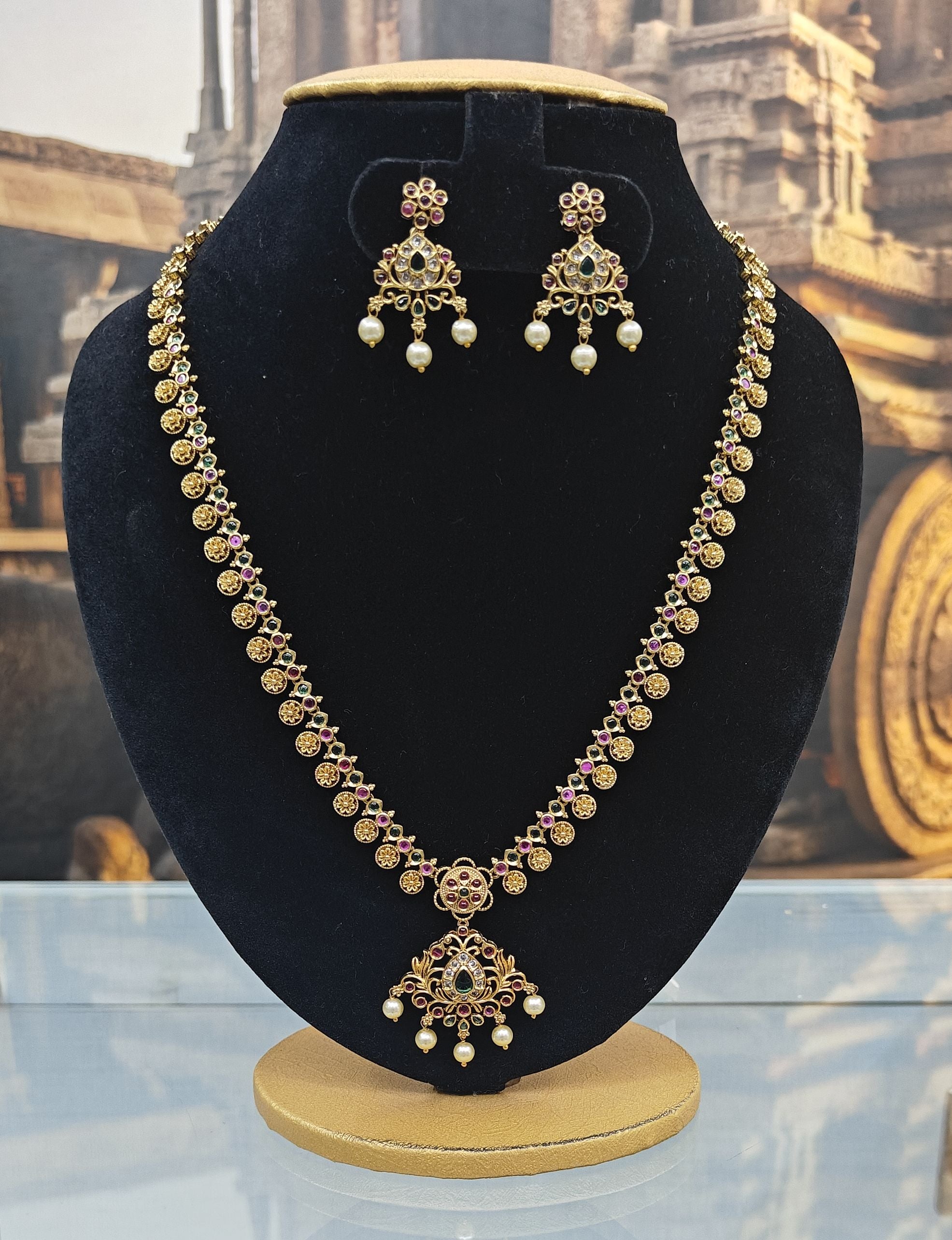 Premium Gold Plated Long CZ Temple Necklace Set
