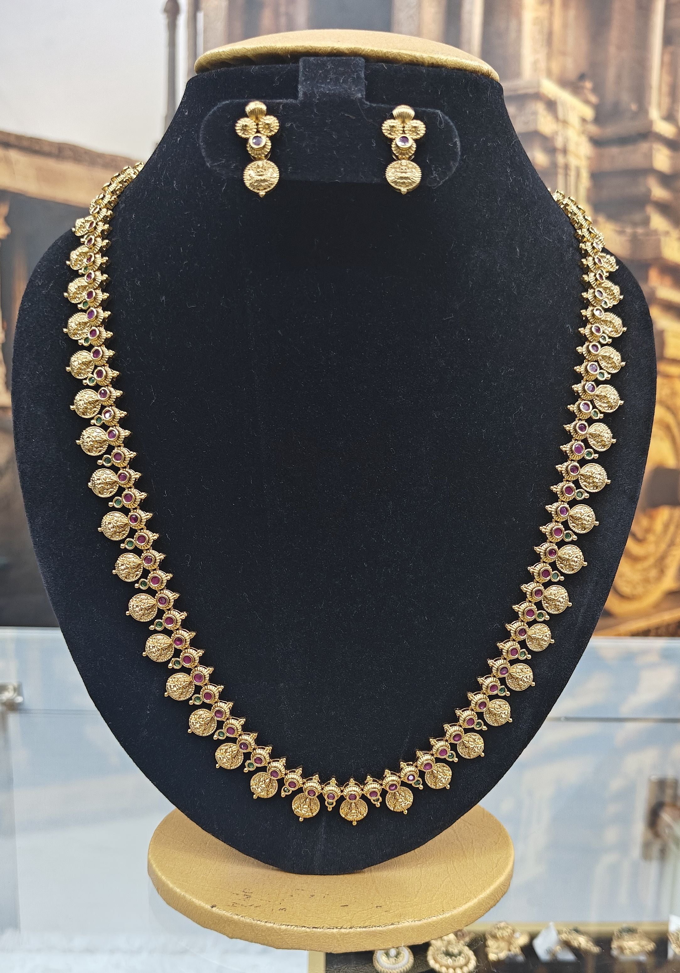 Premium Gold Plated Long CZ Temple Necklace Set