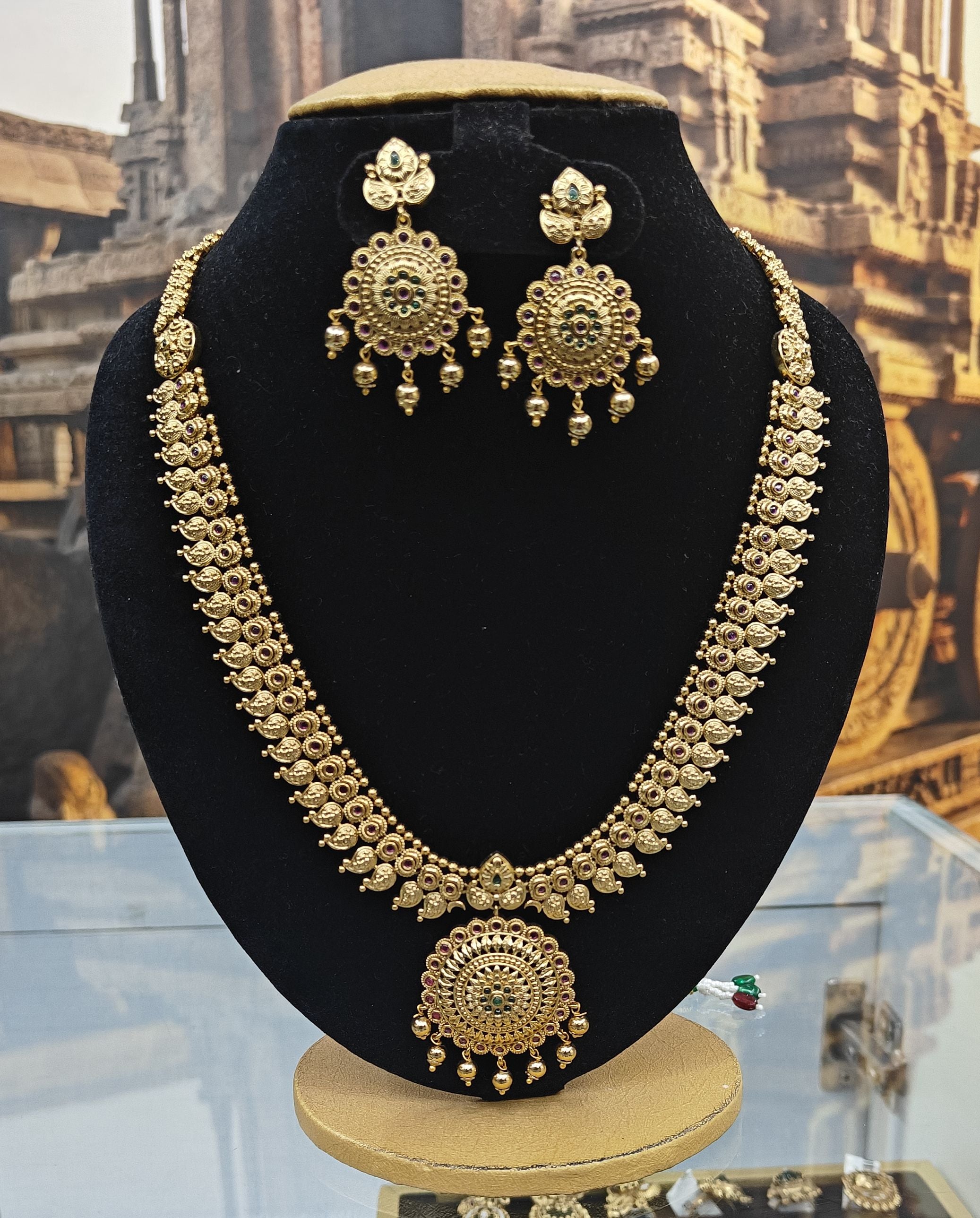 Premium Gold Plated Long CZ Temple Necklace Set
