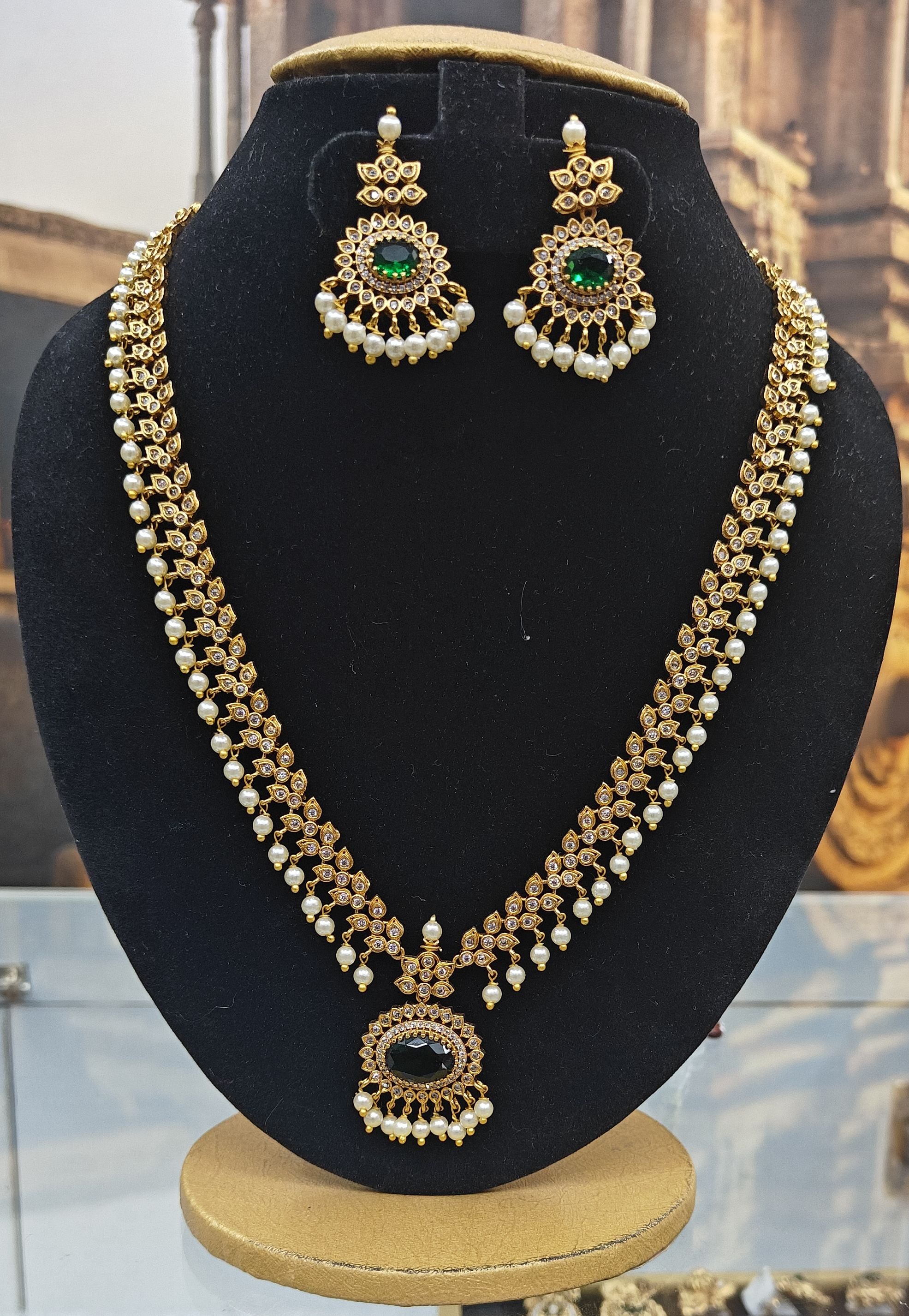 Premium Gold Plated Long CZ Temple Necklace Set