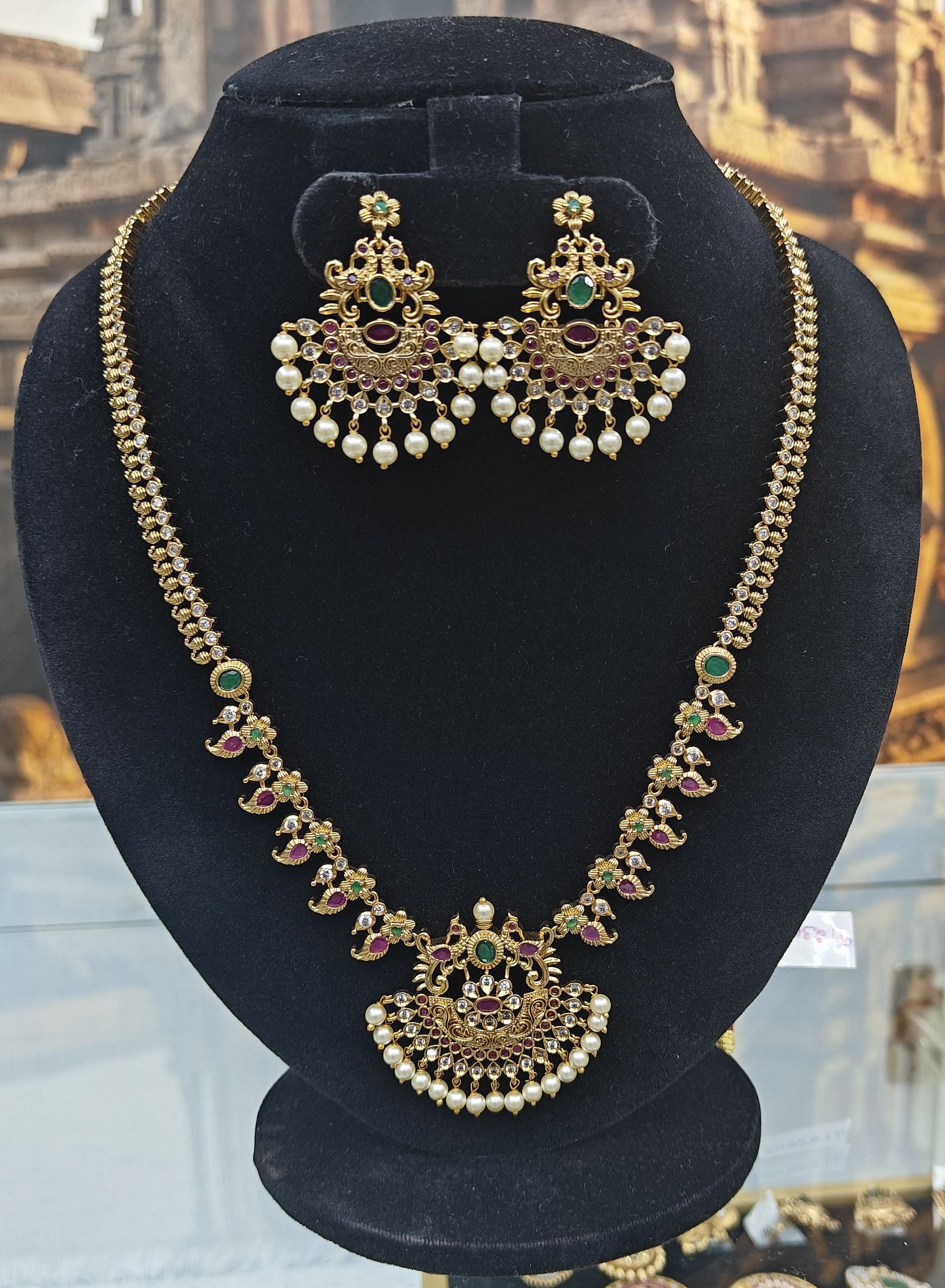 Gold Plated Premium CZ Long Haram Necklace Set