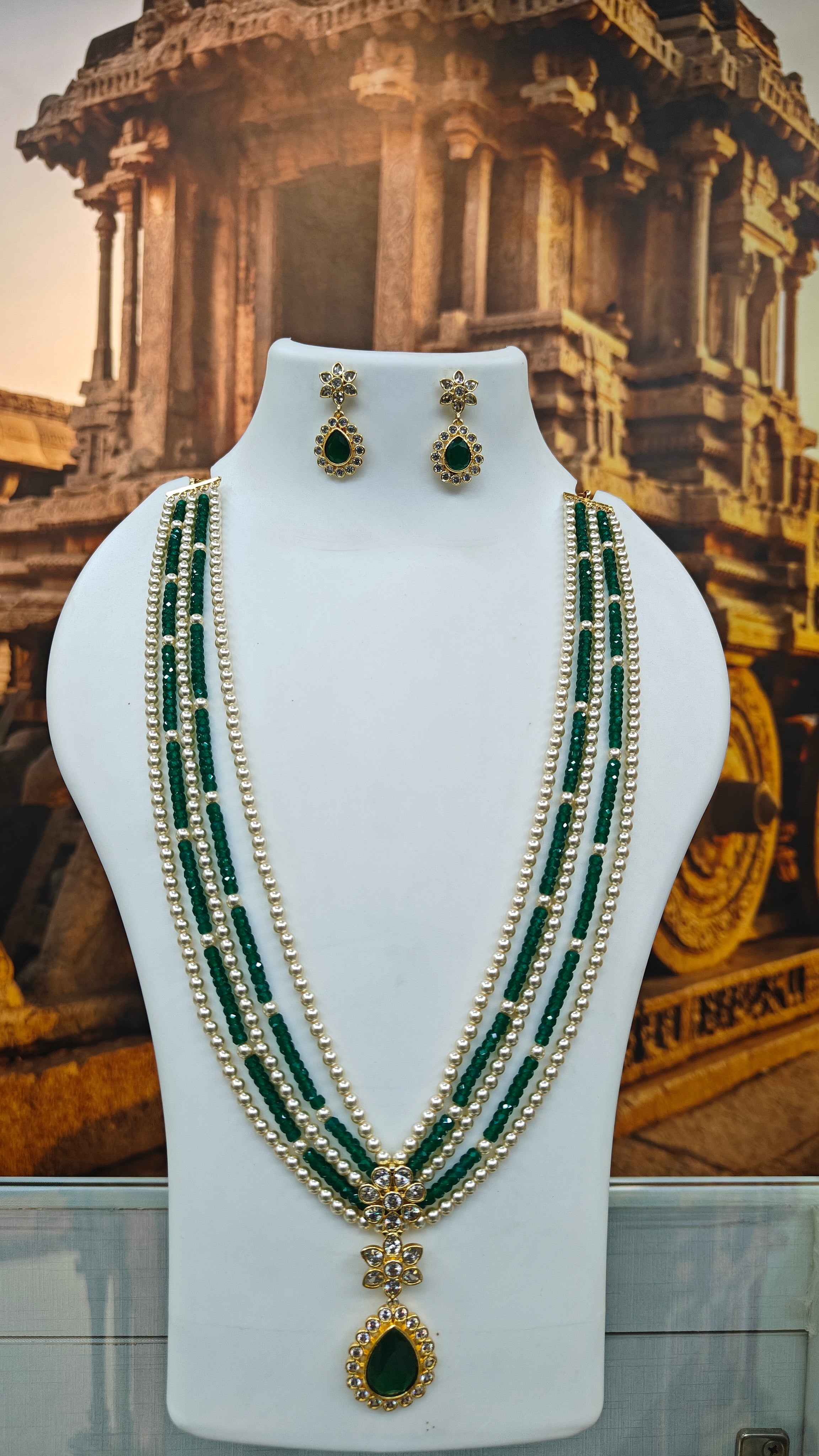 5 Line Maala of 3 line pearl and 2 line stone Necklace set with pendant and earrings
