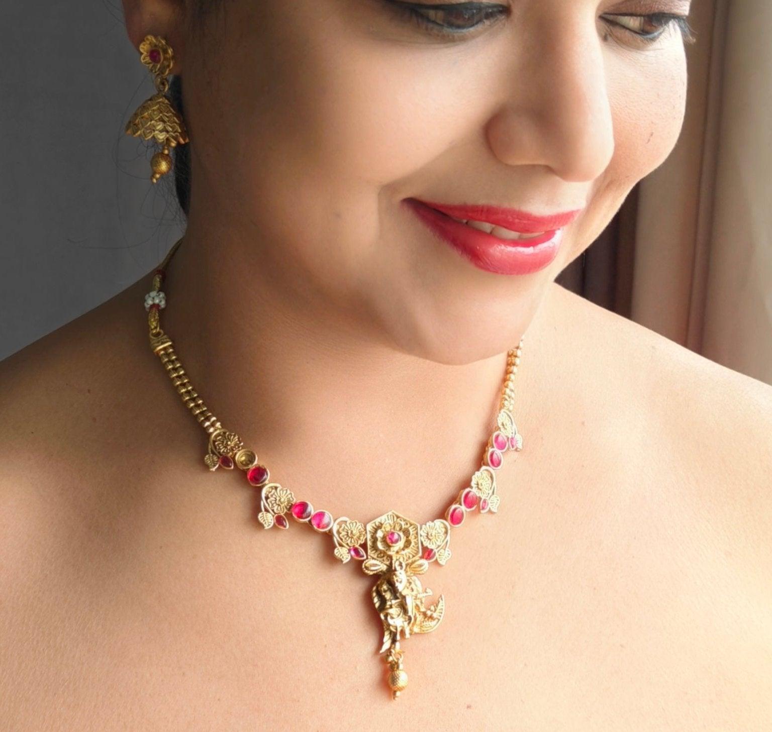 Premium Gold Plated Radha Krishna Necklace Set in different colors
