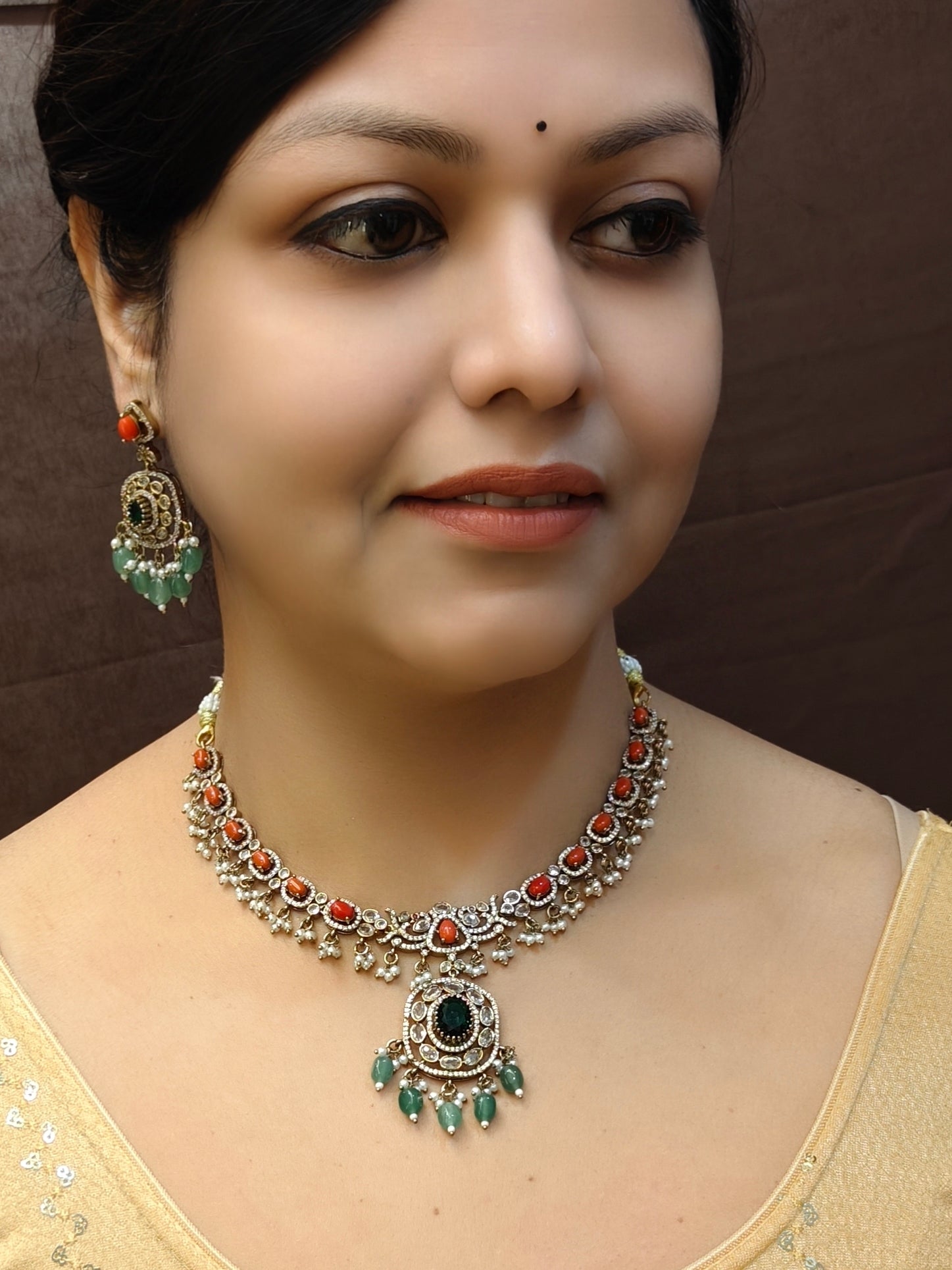Premium Sayara Collection Elegant CZ Necklace Set with coral