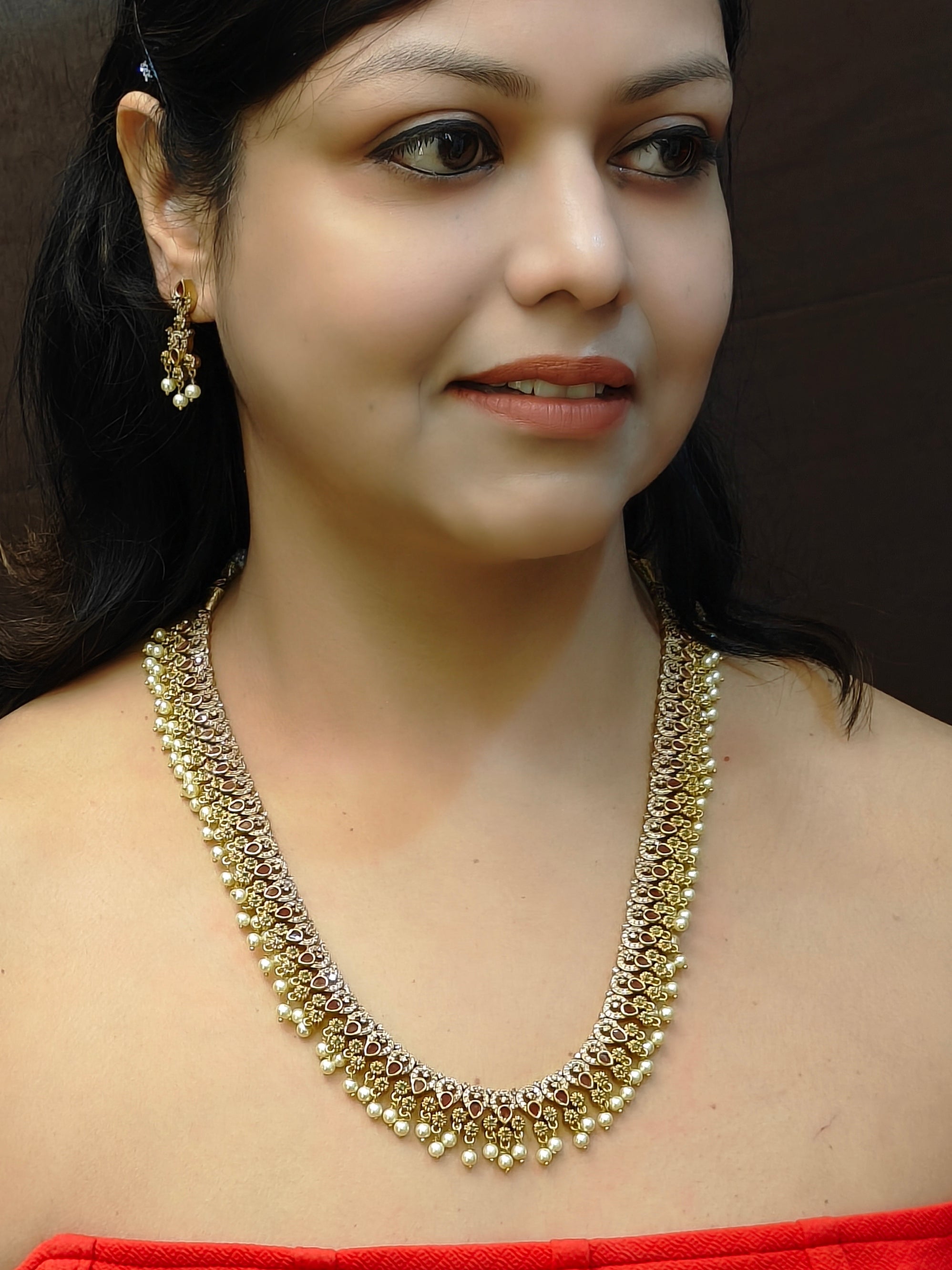 Gold Plated Premium Temple Design CZ long Haram Necklace Set