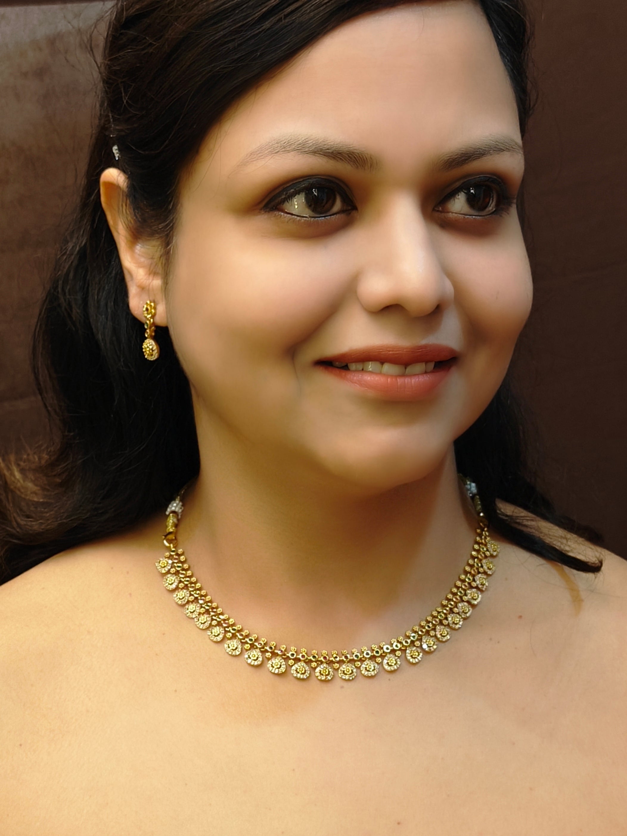 Premium Sayara Collection Trendy design CZ Short Kasu Necklace Set