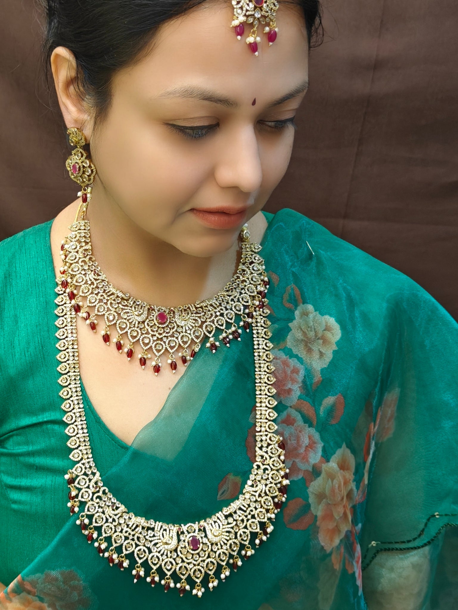 Gold Plated Classic Zercon czLong Necklace Set combo bridal