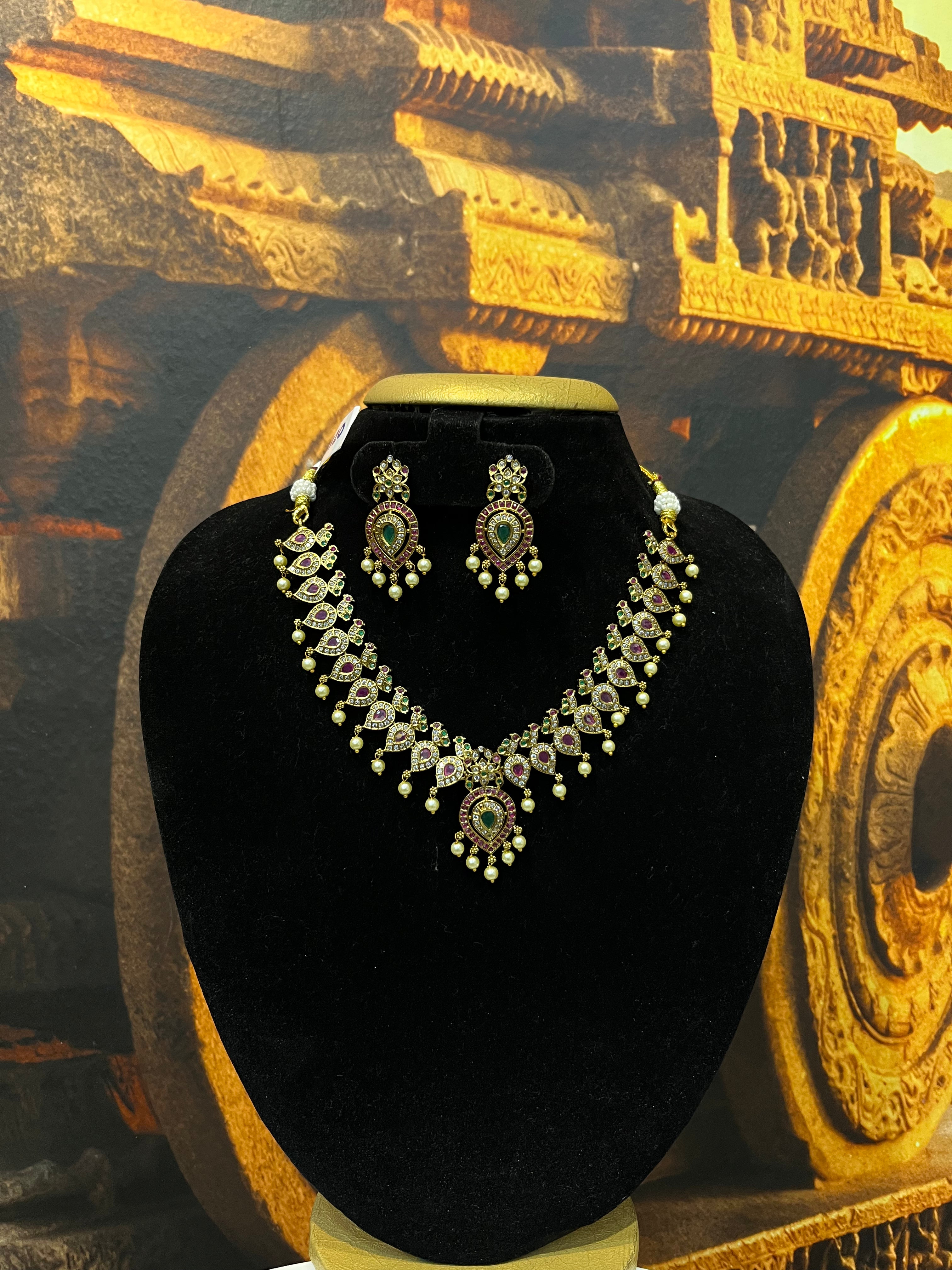 Traditional Mango Malai cz zercon stone short/long necklace set