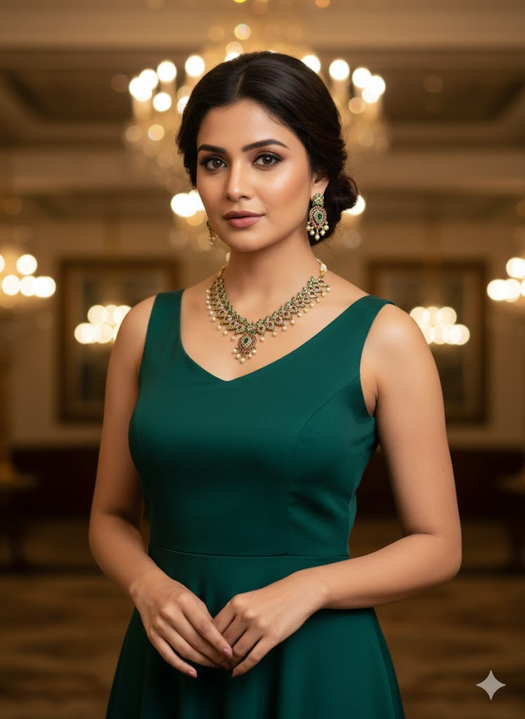 Traditional Mango Malai cz zercon stone short/long necklace set