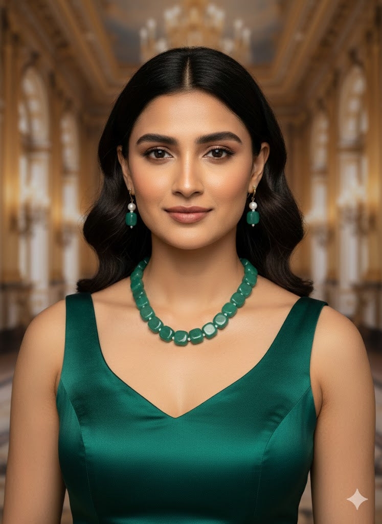 Square Natural African Jade Stone Mala Necklace with earrings