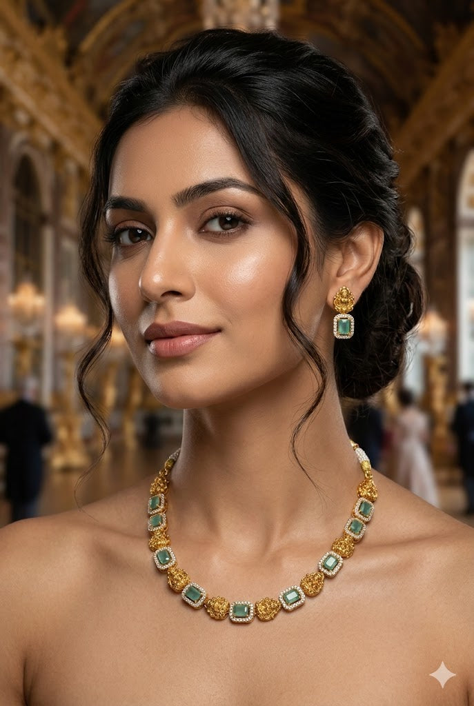 Gold Plated mint green with laxmi short nceklace set