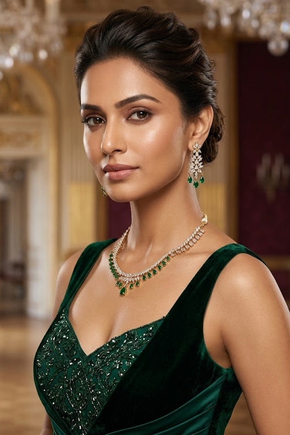 Gold Plated Green white cz necklace set
