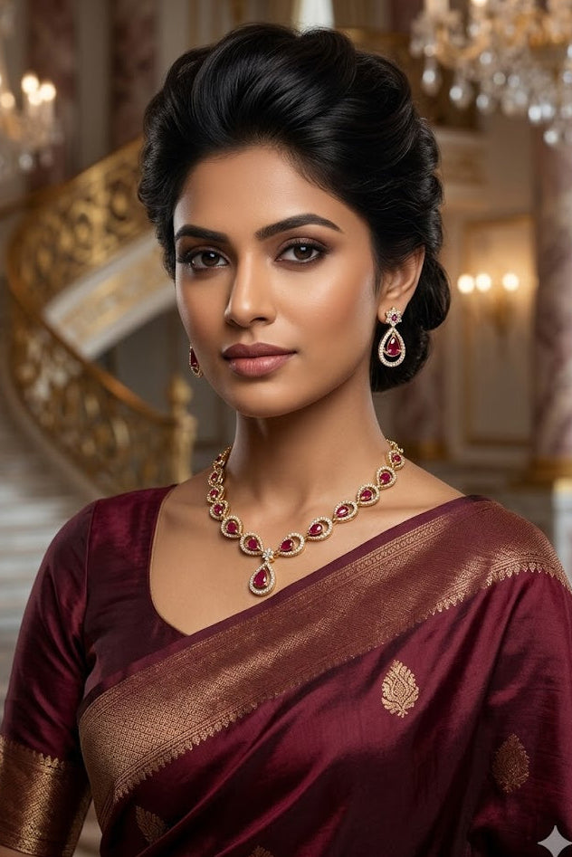 Gold Plated CZ Red white short necklace set