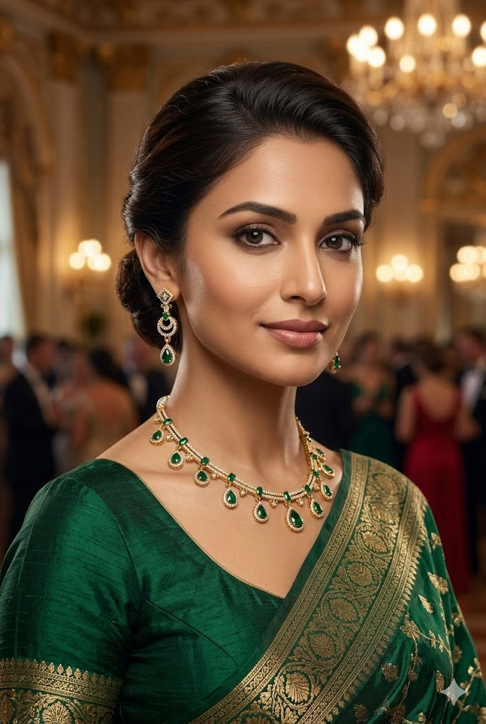 Gold Plated Green white cz necklace set