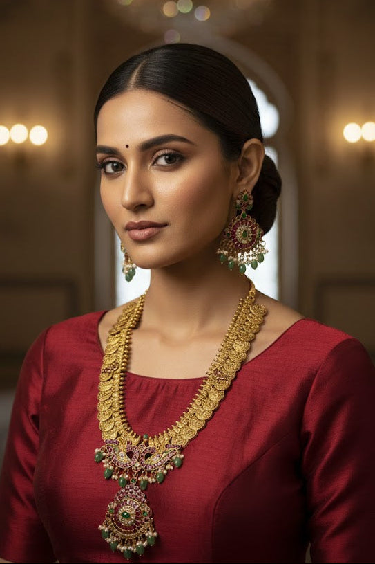 Premium Jadau Kasu Design Long necklace Set