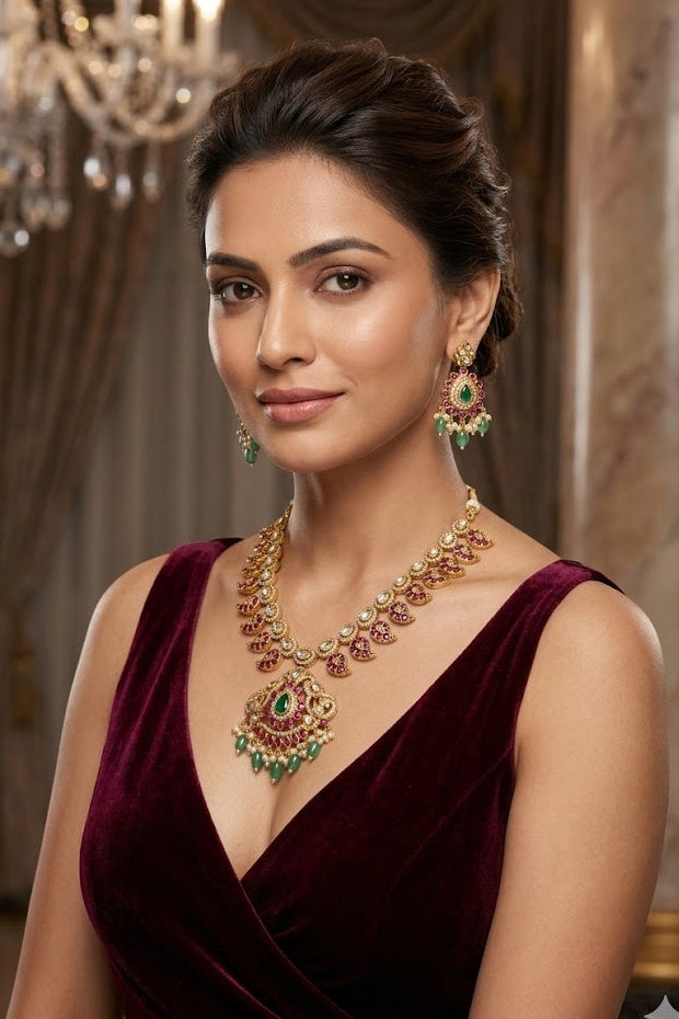 Premium Jadau Short Necklace Set with Kemp Stones