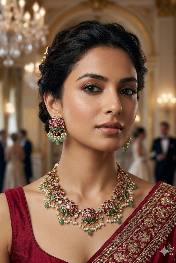 Gold Plated Short Kempu stones flower motif necklace Set