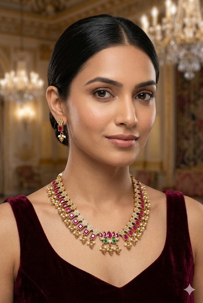 Premium Jadau Short Necklace Set with Kemp Stones