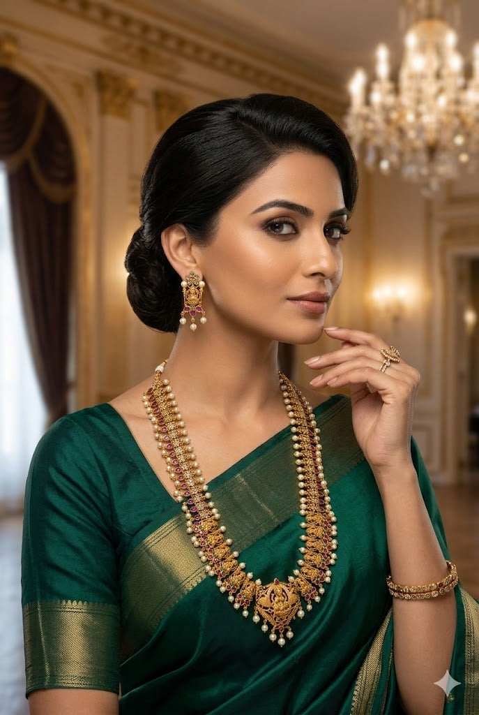 Premium Gold Plated Long Laxmi Necklace Set with CZ Stones